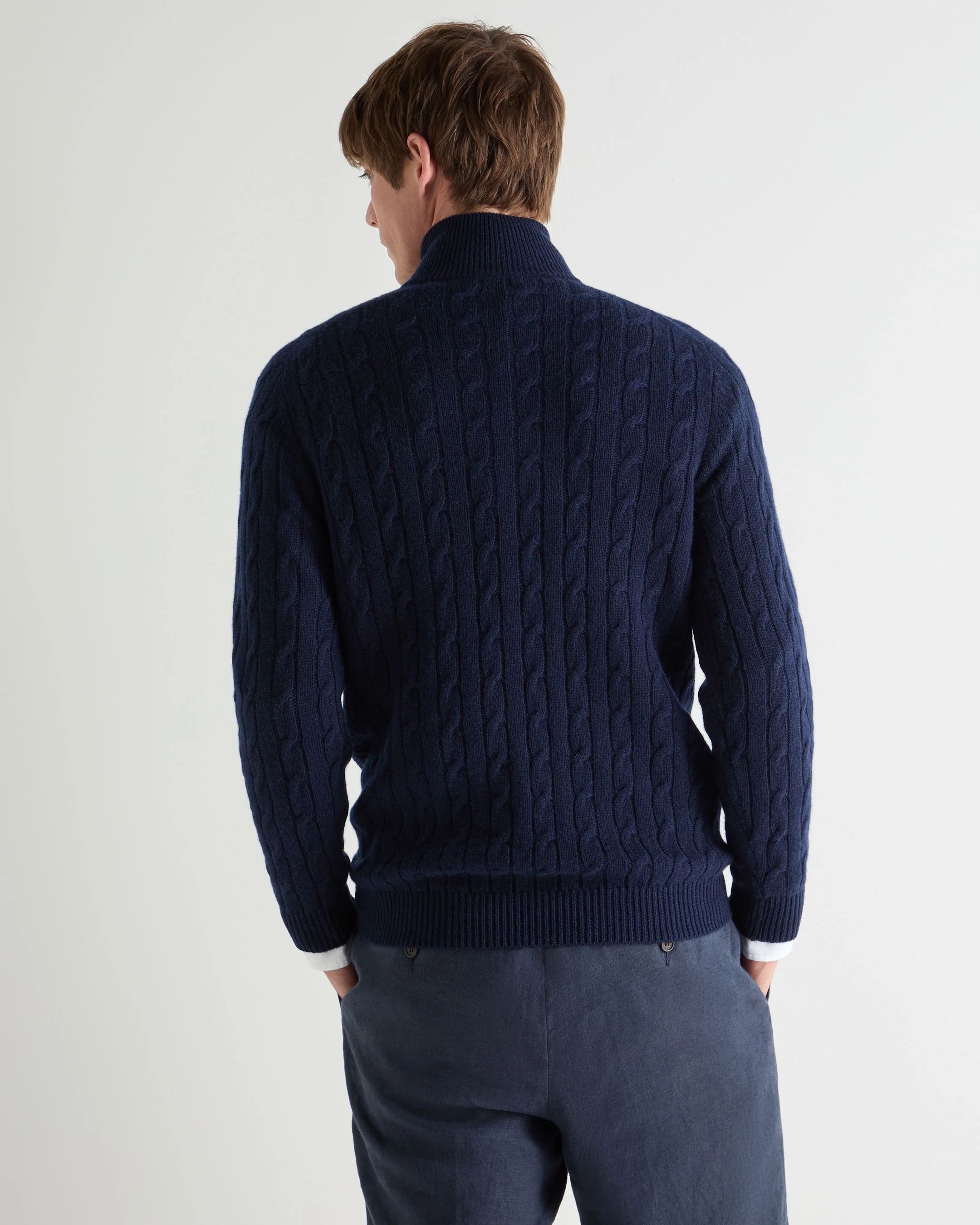Men's Albemarle Cable Half Zip Cashmere Jumper Deep French Blue - Image 4