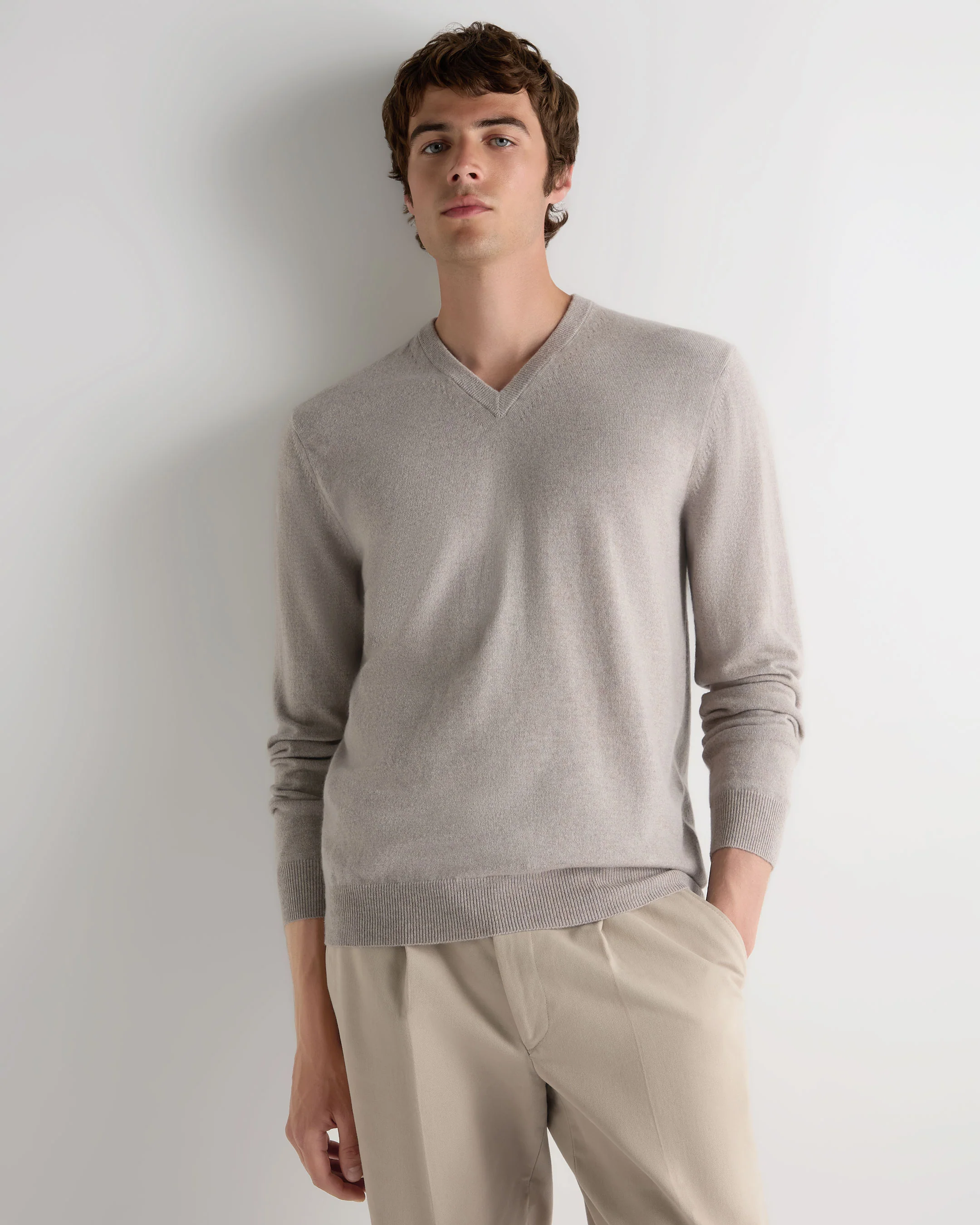 Men's Burlington V Neck Cashmere Jumper Oat Grey
