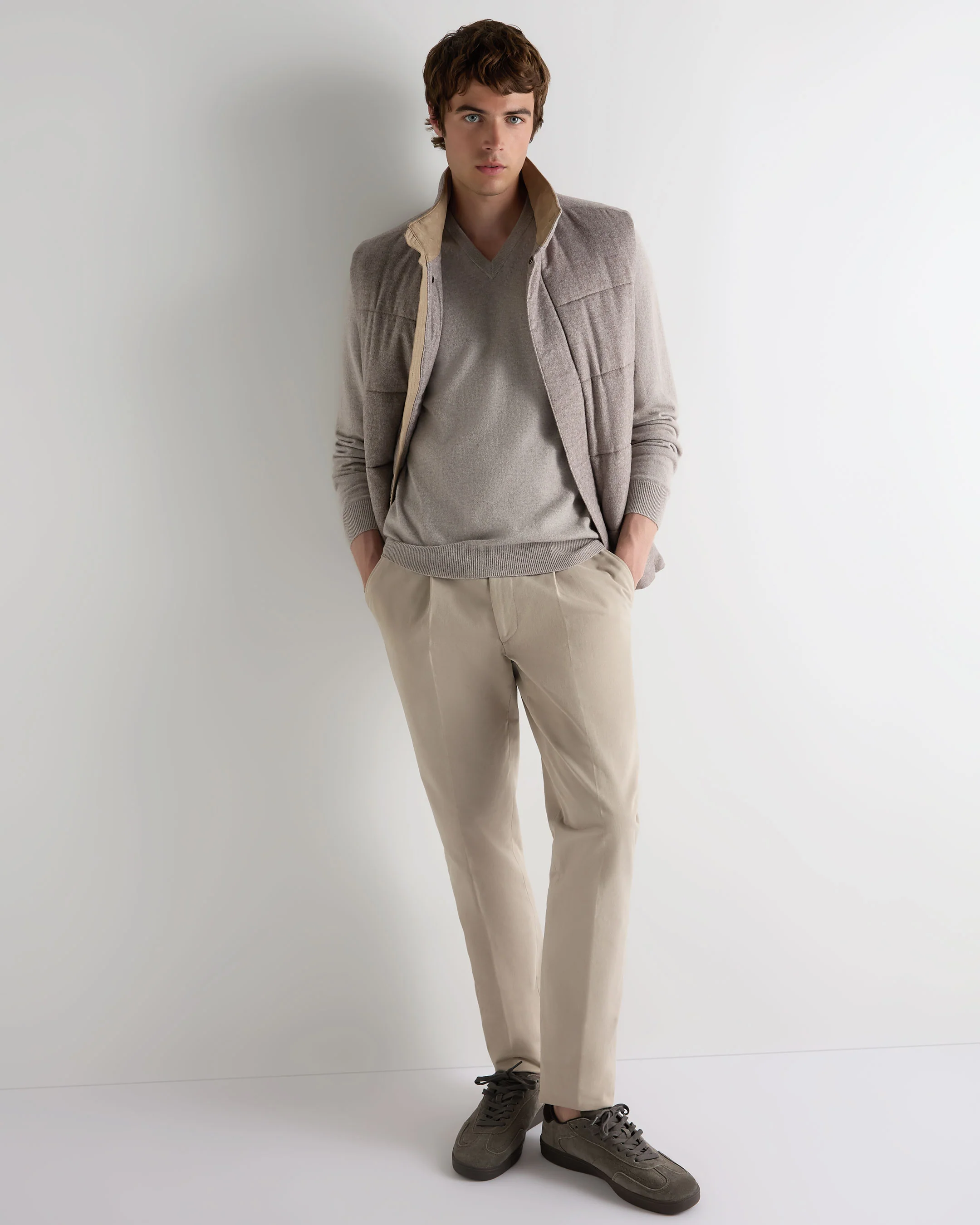 Men's Burlington V Neck Cashmere Jumper Oat Grey - Image 3