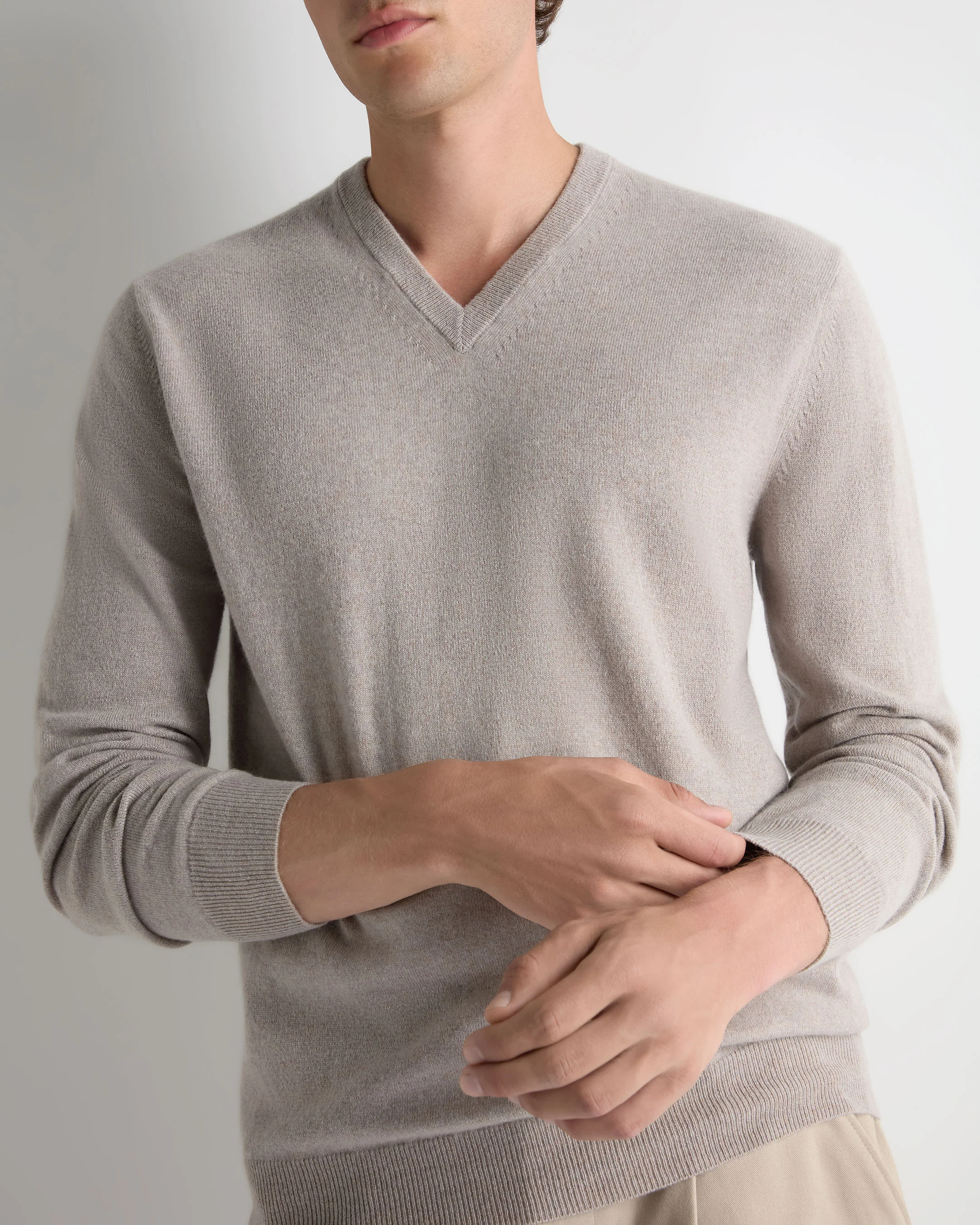 Men's Burlington V Neck Cashmere Jumper Oat Grey - Image 5