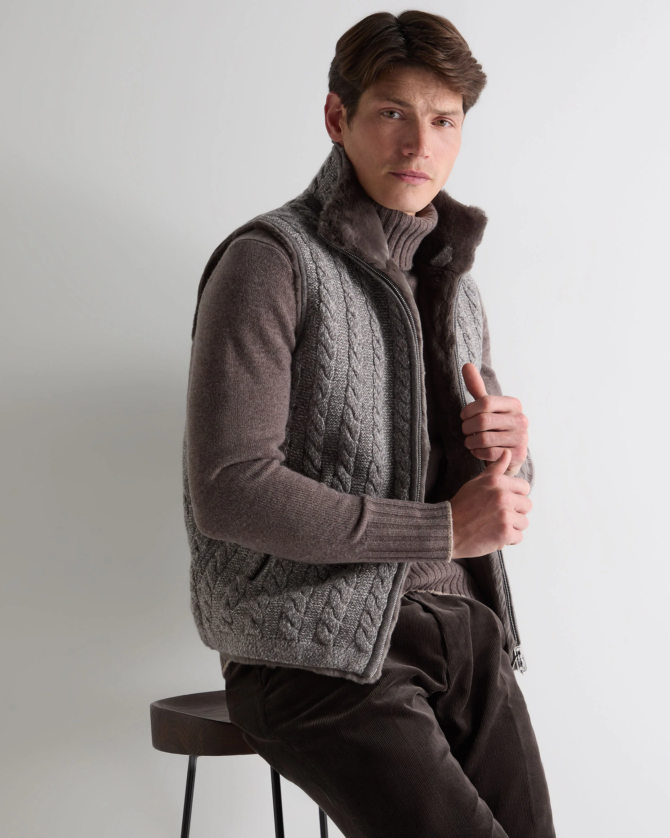 Men's Dolomiti Cable Fur Gilet Soft Truffle Brown Marl