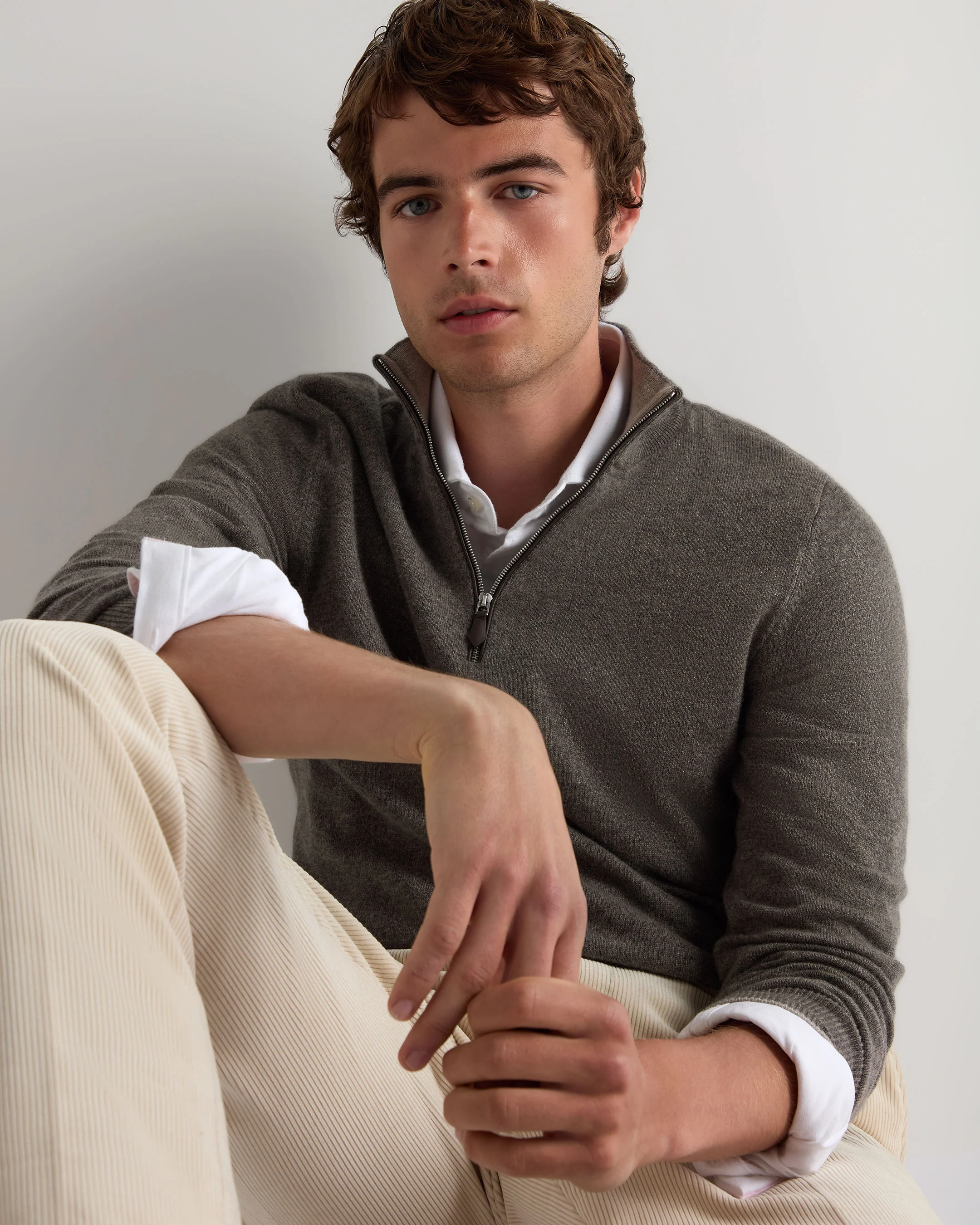 Men's Carnaby Half Zip Cashmere Jumper Wood Smoke Brown - Image 6