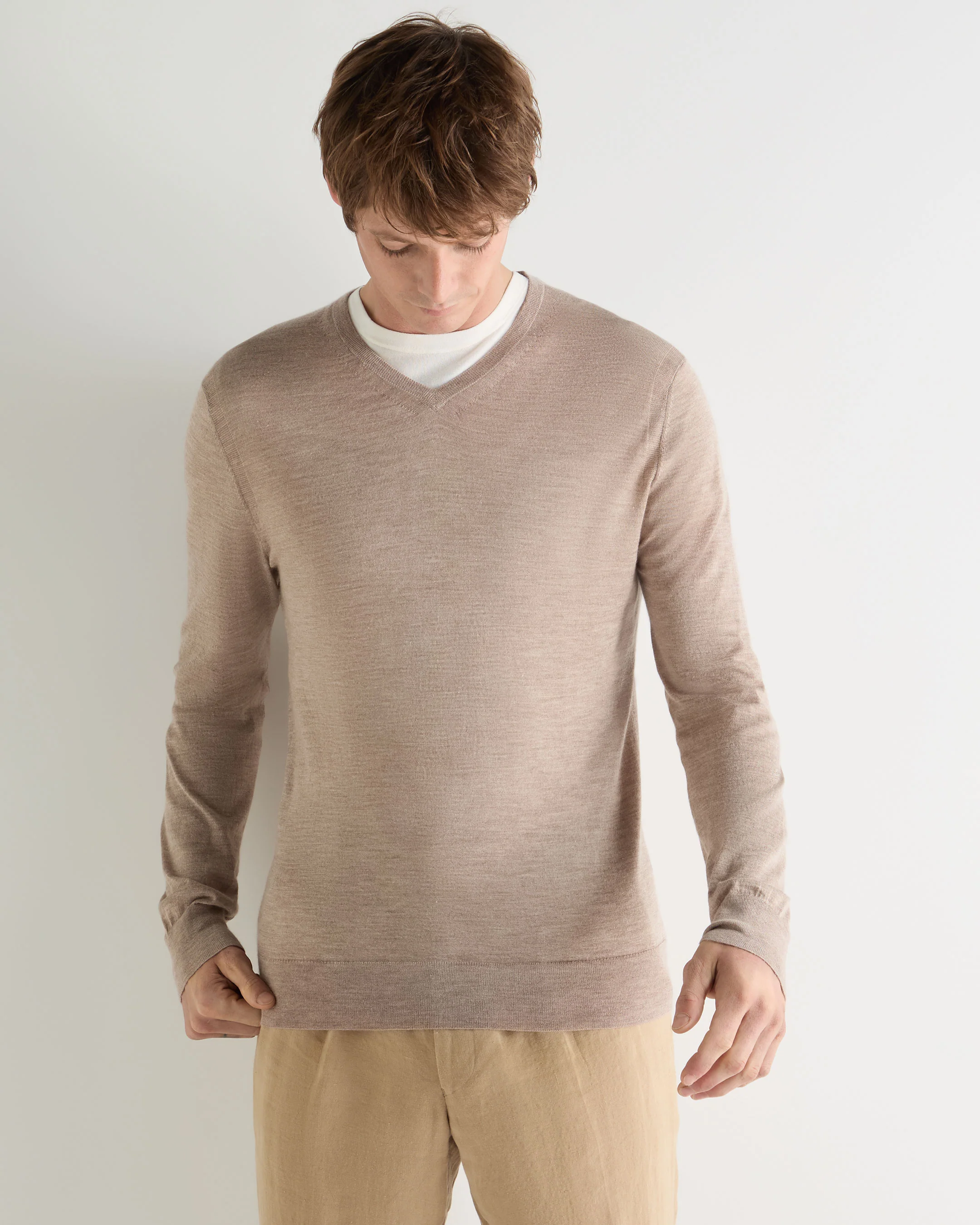 Men's Conduit Fine Gauge Cashmere V Neck Jumper Soft Taupe Brown
