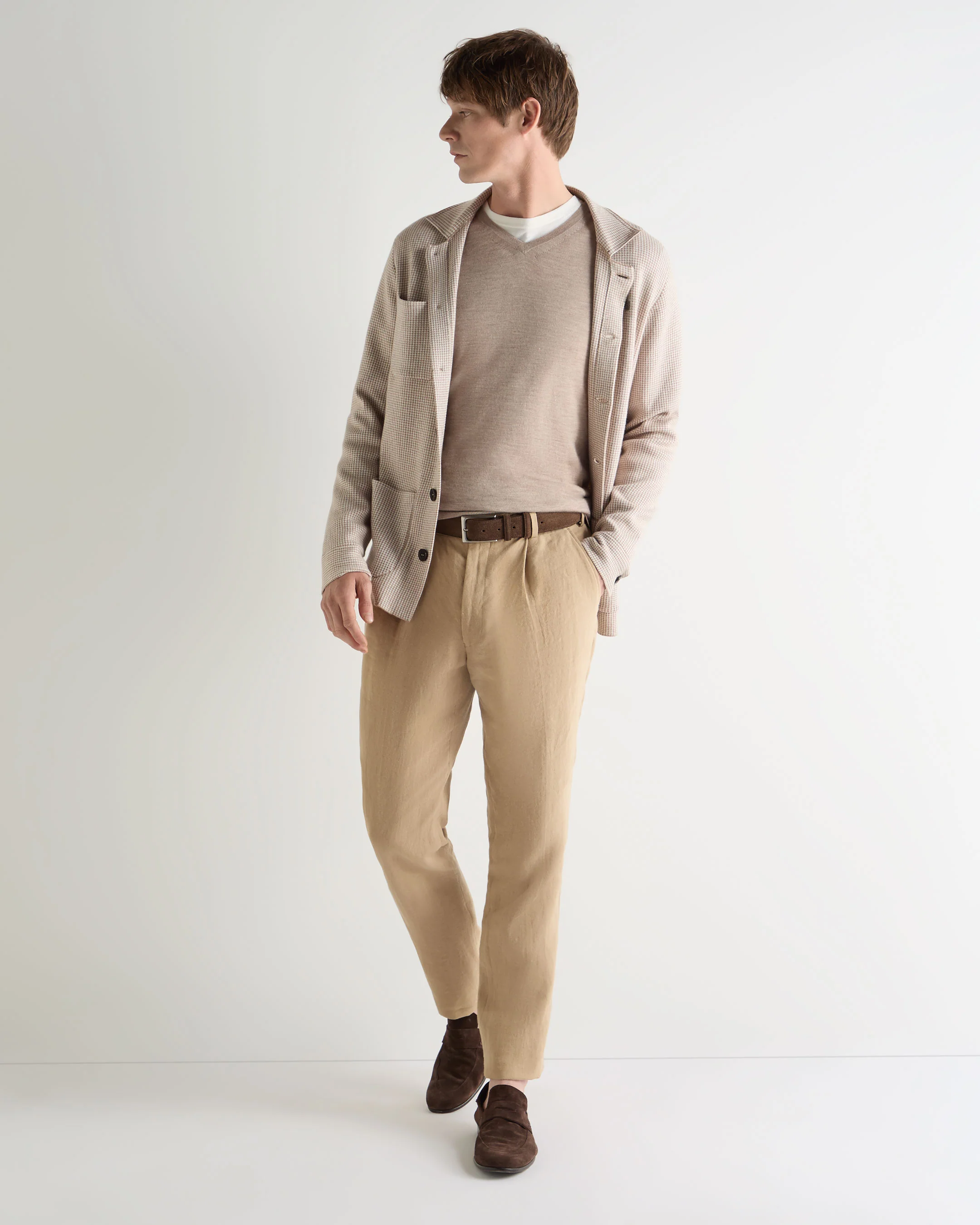 Men's Conduit Fine Gauge Cashmere V Neck Jumper Soft Taupe Brown - Image 3