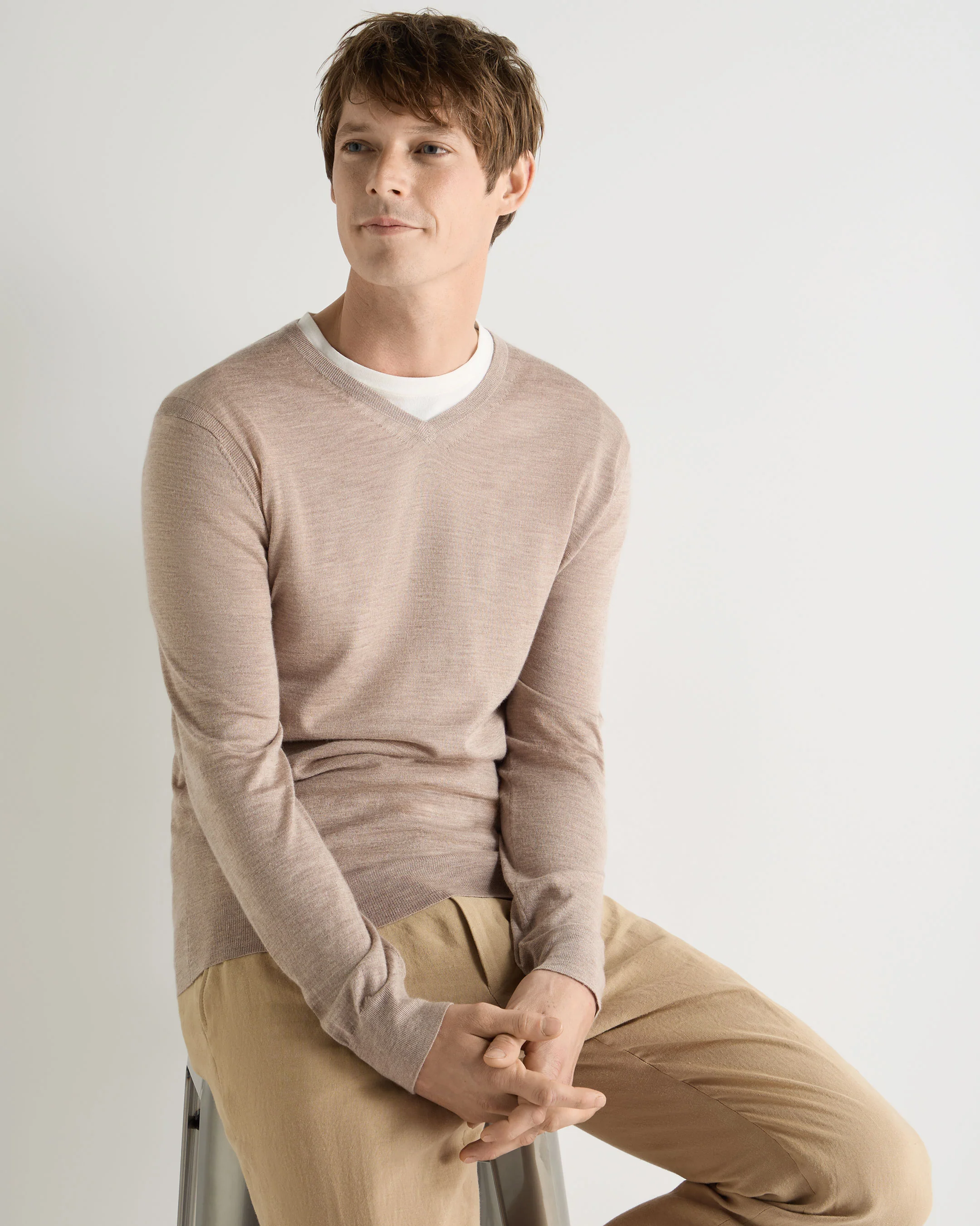 Men's Conduit Fine Gauge Cashmere V Neck Jumper Soft Taupe Brown - Image 5