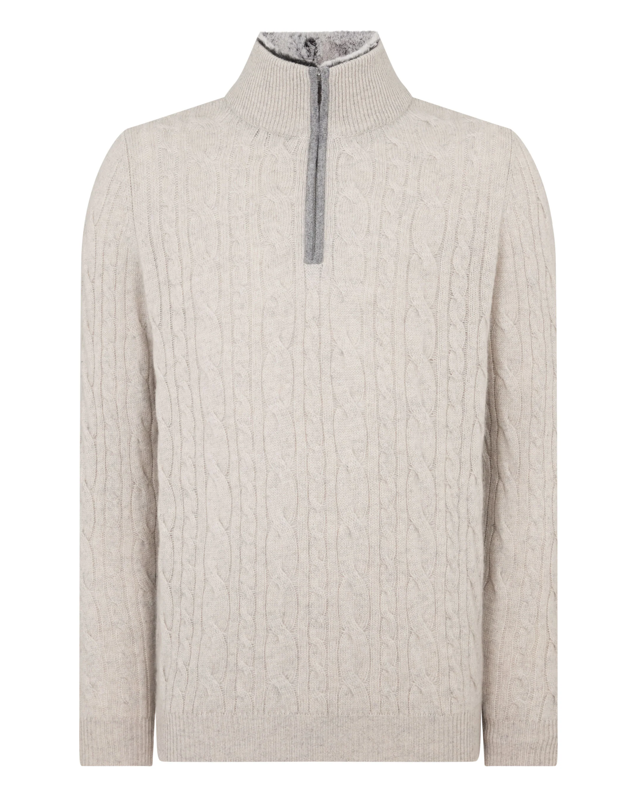Men's Fur Trim Half Zip Cashmere Jumper Nougat Brown Marl - Image 2