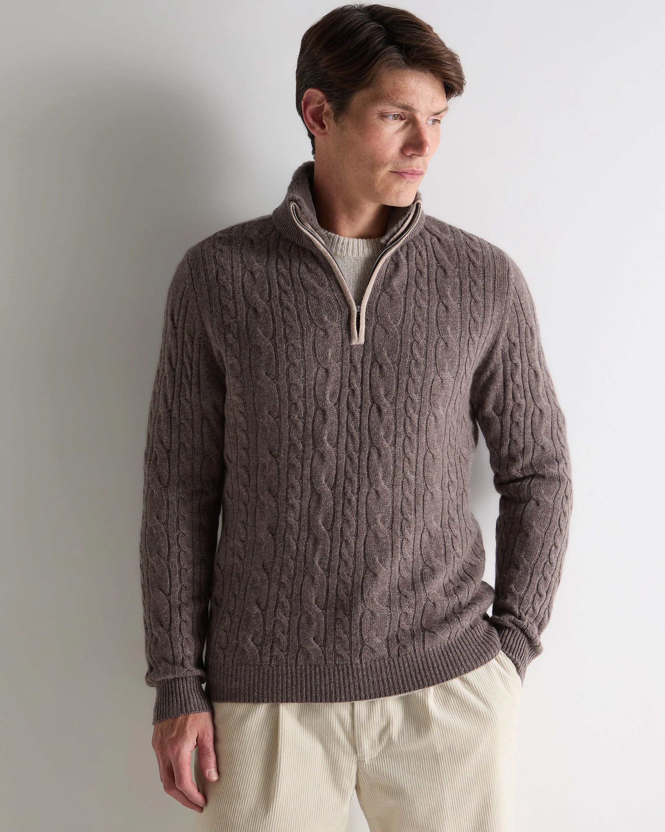 Men's Fur Trim Half Zip Cashmere Jumper Otter Brown