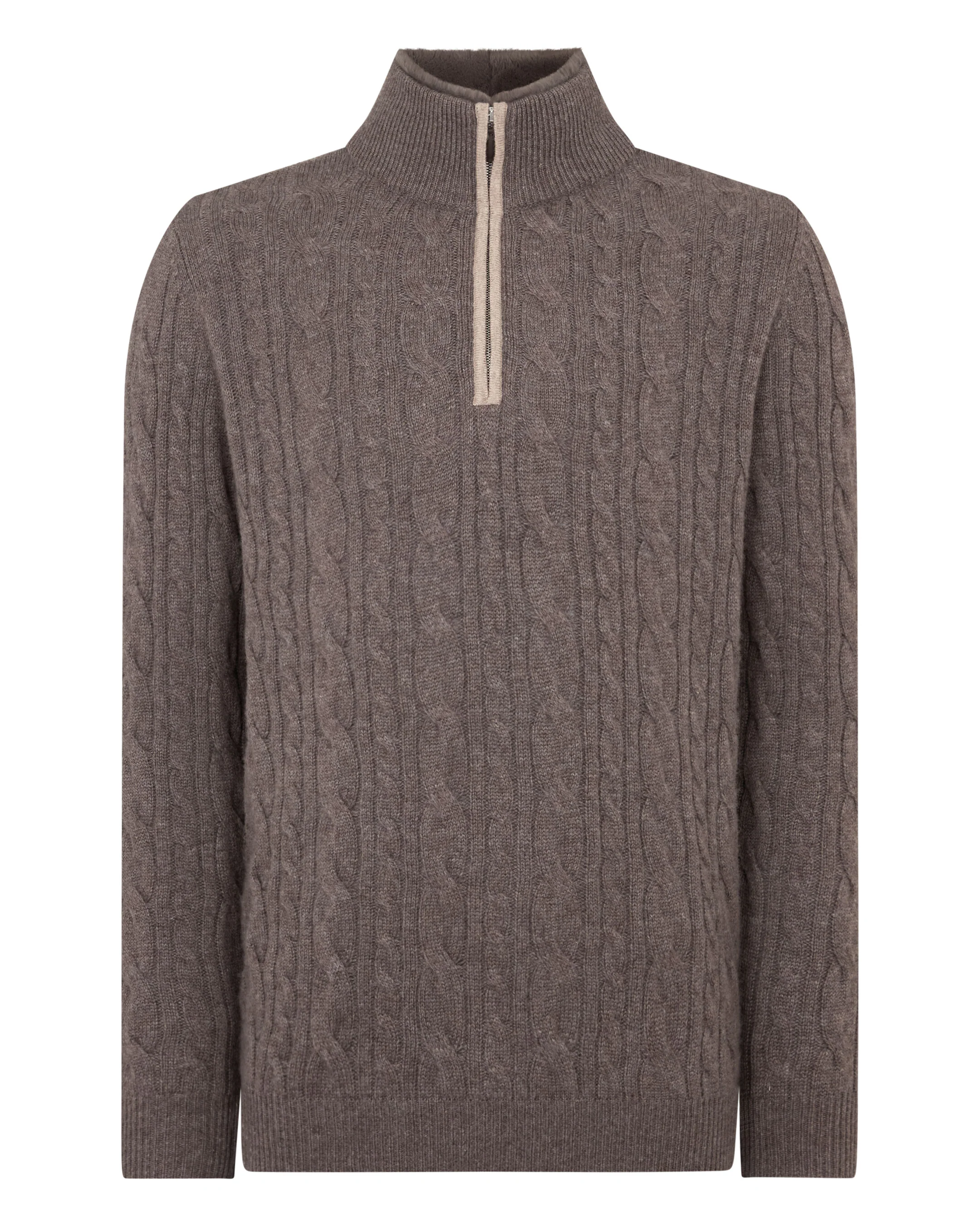 Men's Fur Trim Half Zip Cashmere Jumper Otter Brown - Image 2