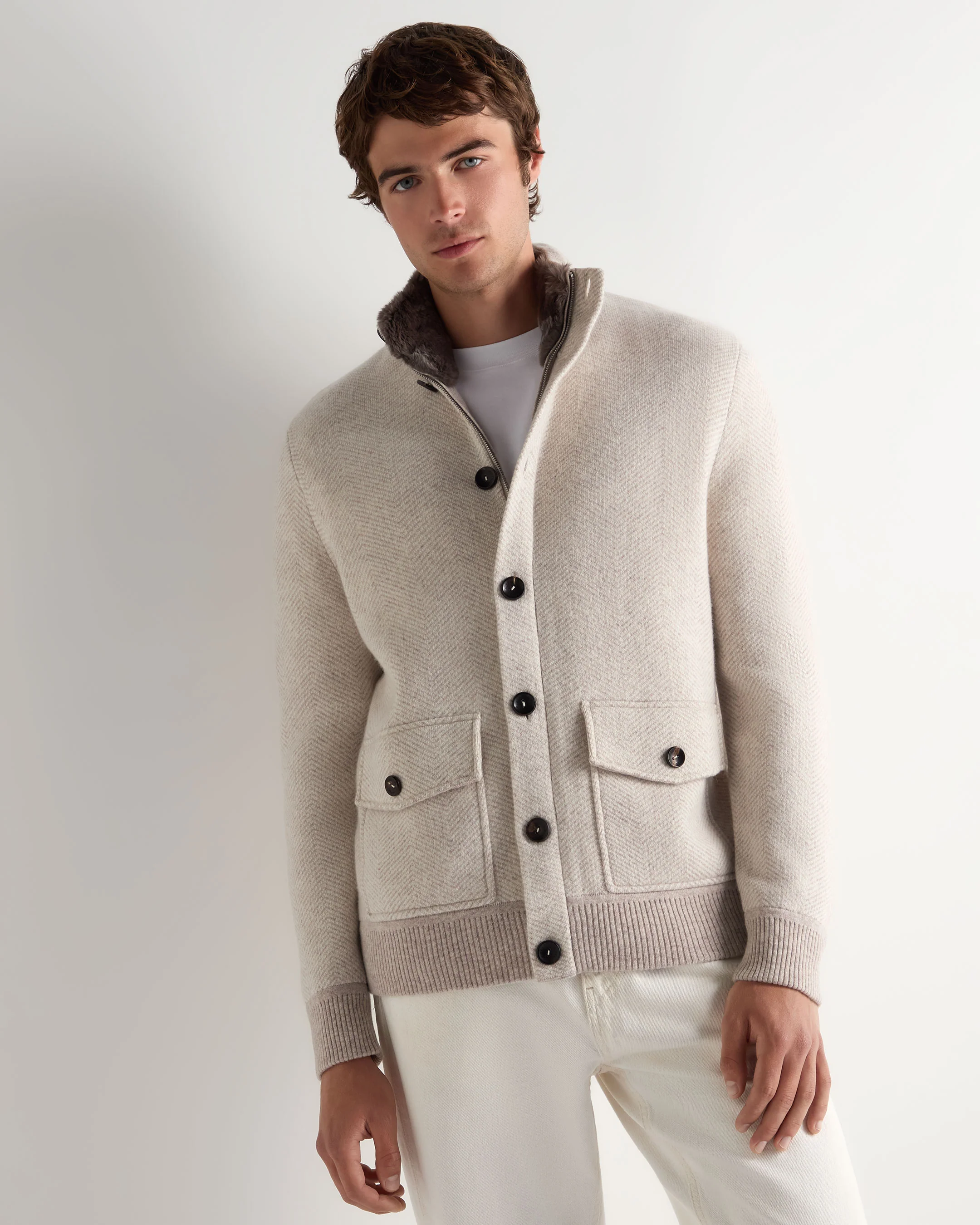 Men's Herringbone Cashmere Jacket With Fur Trim Sand Brown