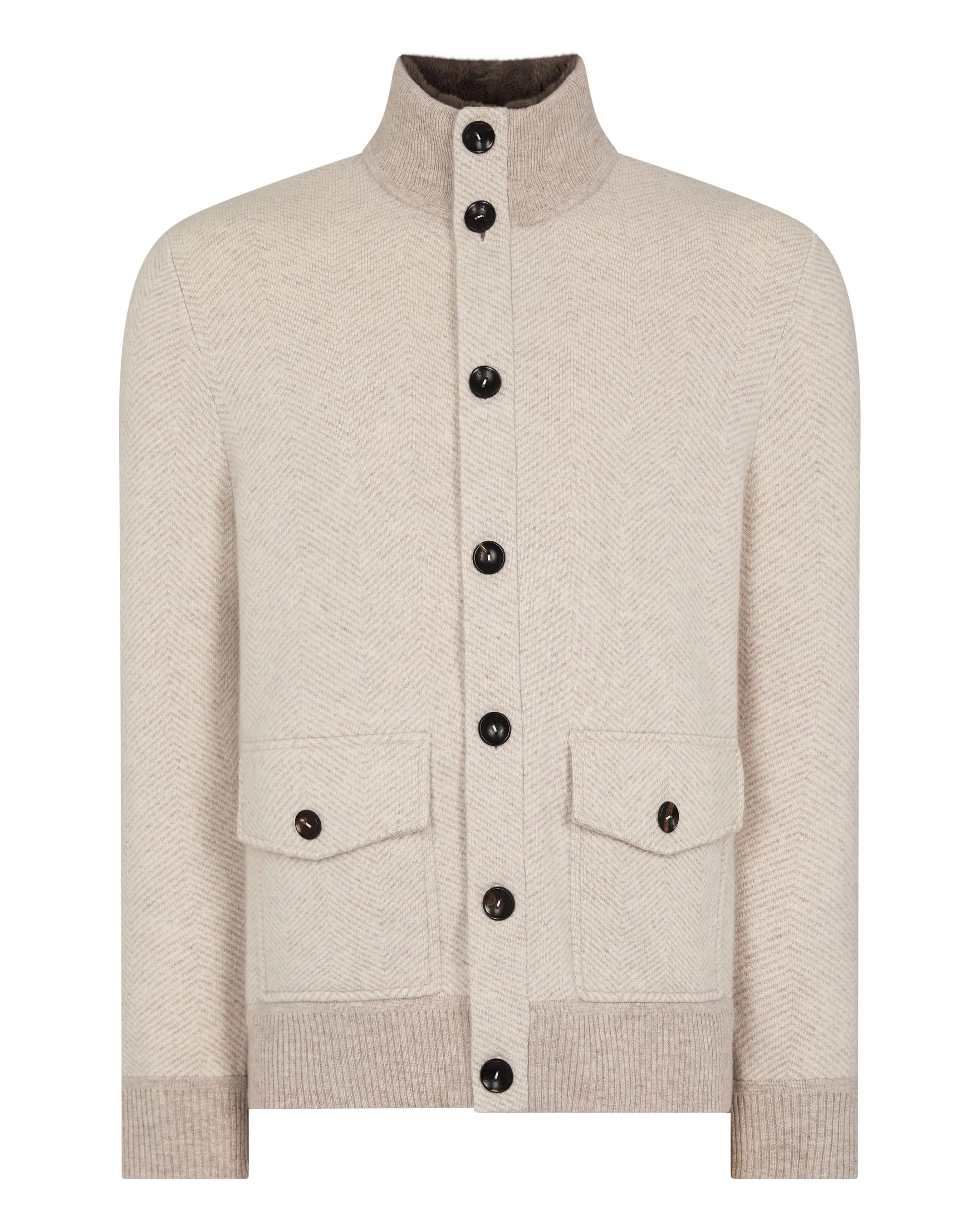 Men's Herringbone Cashmere Jacket With Fur Trim Sand Brown - Image 2