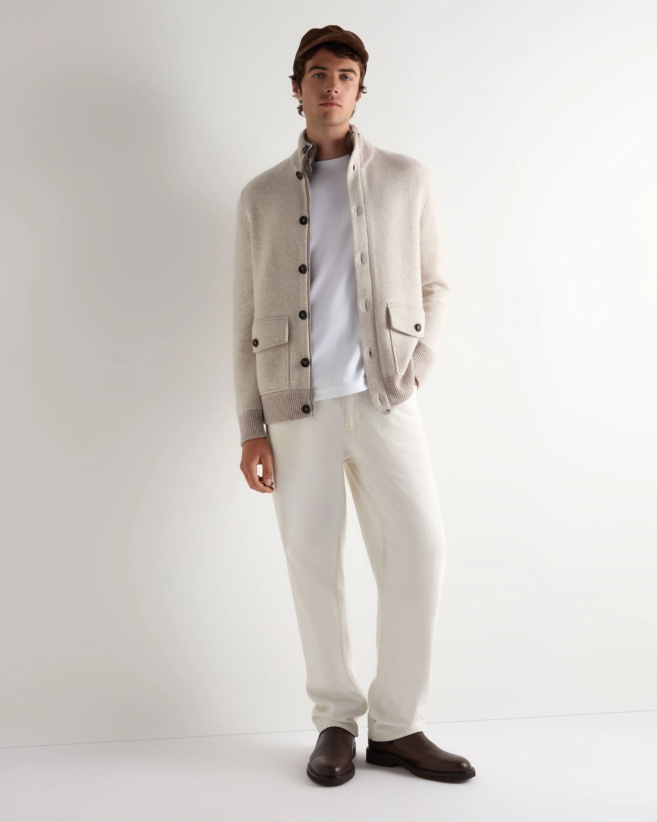 Men's Herringbone Cashmere Jacket With Fur Trim Sand Brown - Image 3