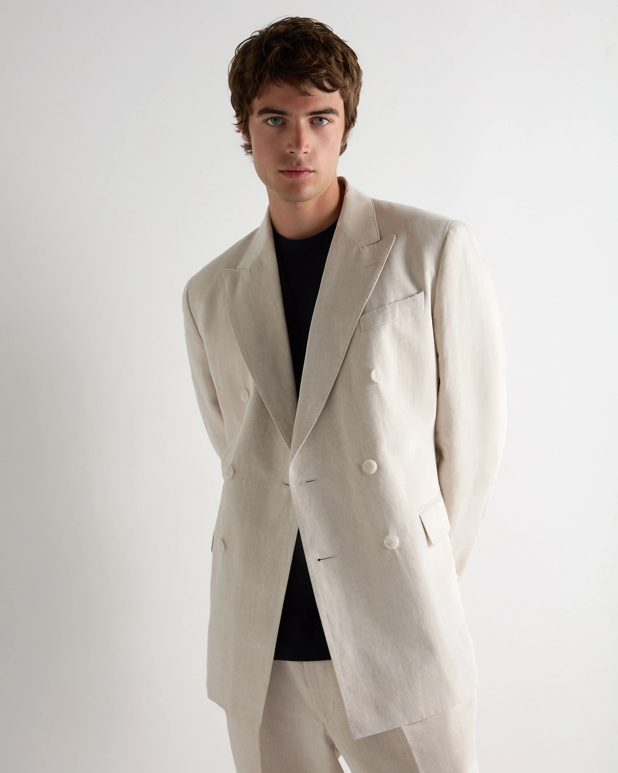Men's Linen Blend Double Breasted Jacket Sand Brown