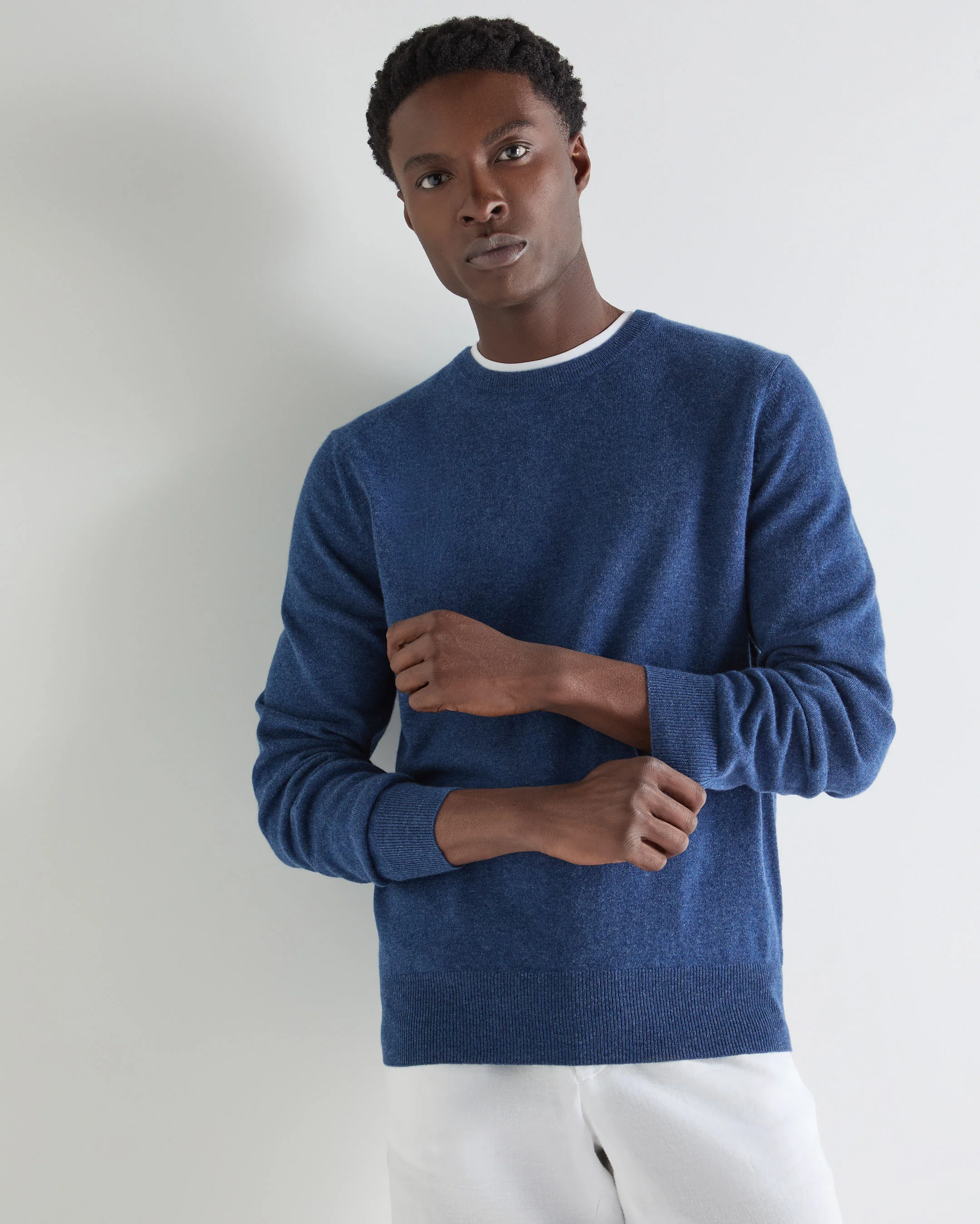 Men's Oxford Round Neck Cashmere Jumper Bright Denim Blue