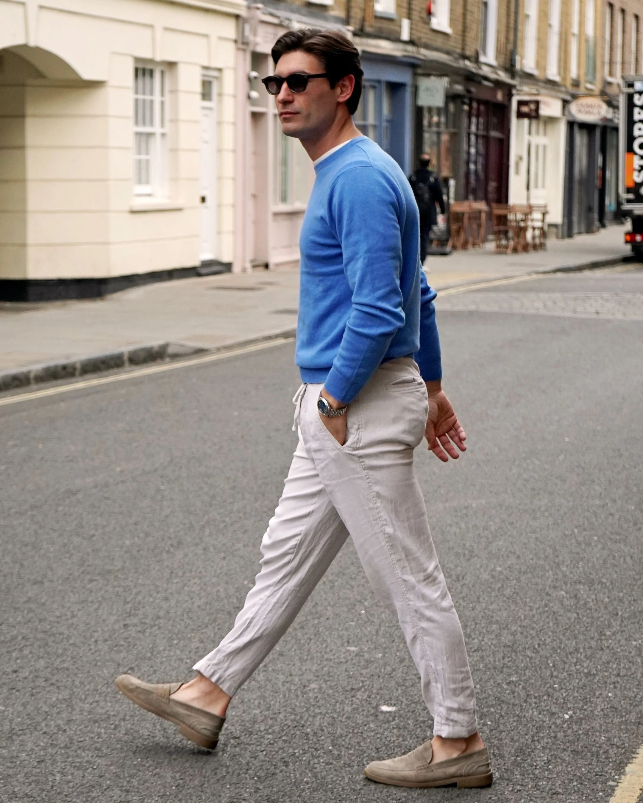 Men's Oxford Round Neck Cashmere Jumper Sunshine Blue - Image 8