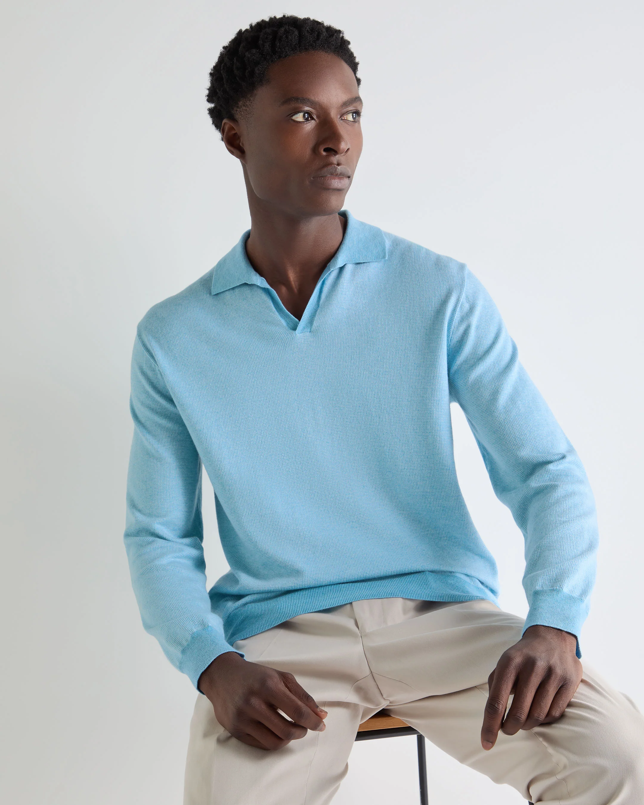 Men's Padstow Cotton Cashmere Polo Shirt Cornflower Blue - Image 3