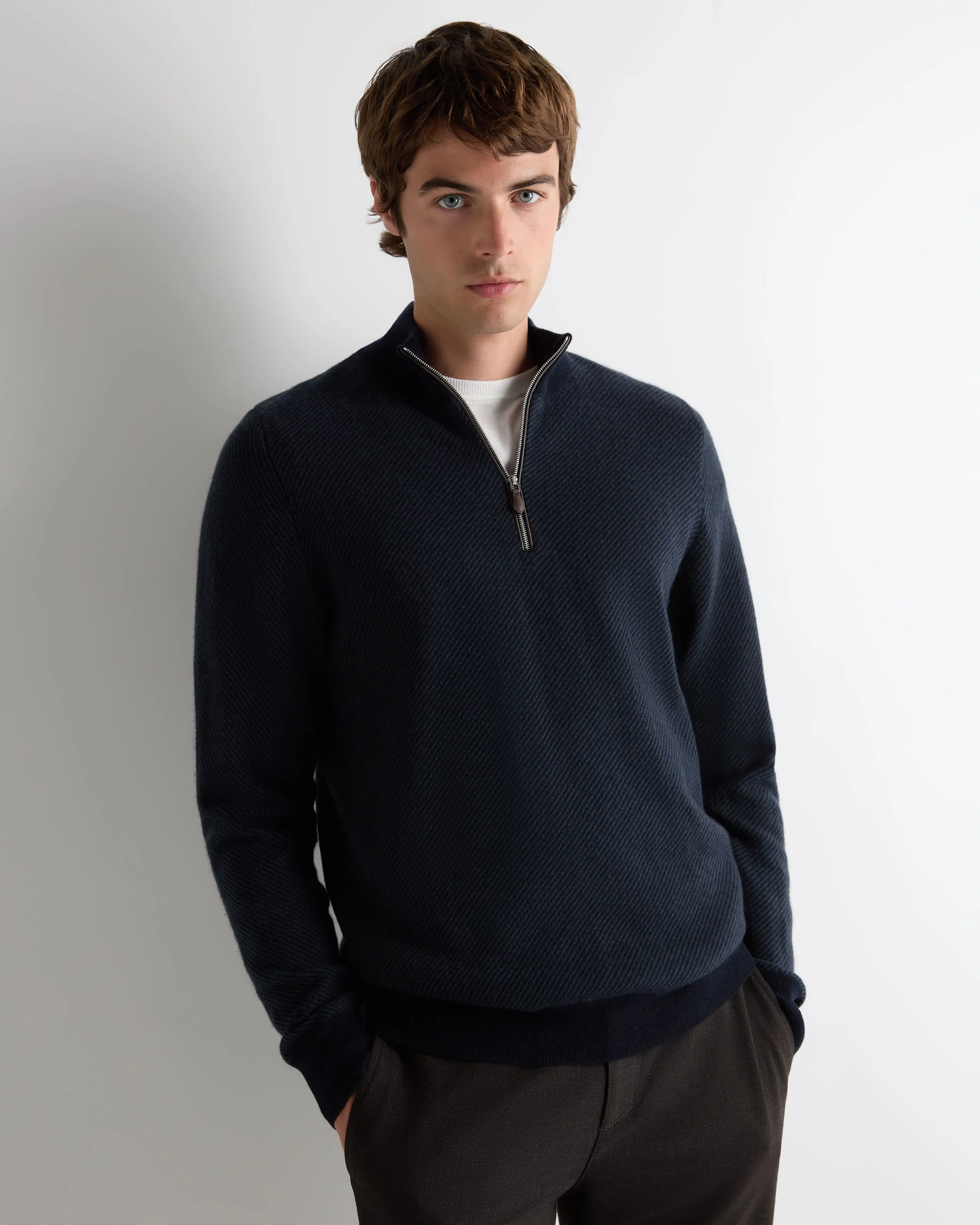 Men's Temple Jacquard Half Zip Cashmere Jumper Navy Blue