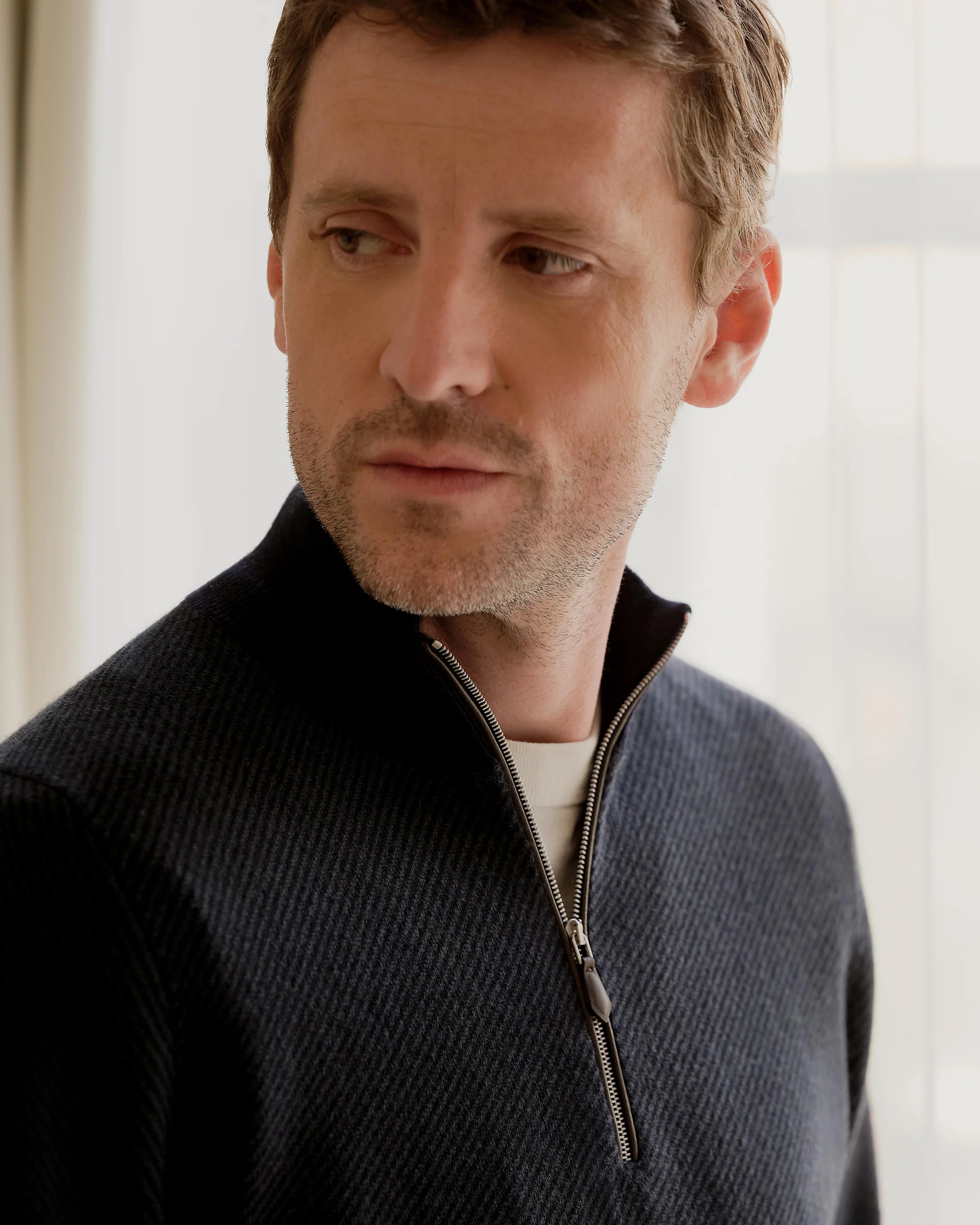 Men's Temple Jacquard Half Zip Cashmere Jumper Navy Blue - Image 6