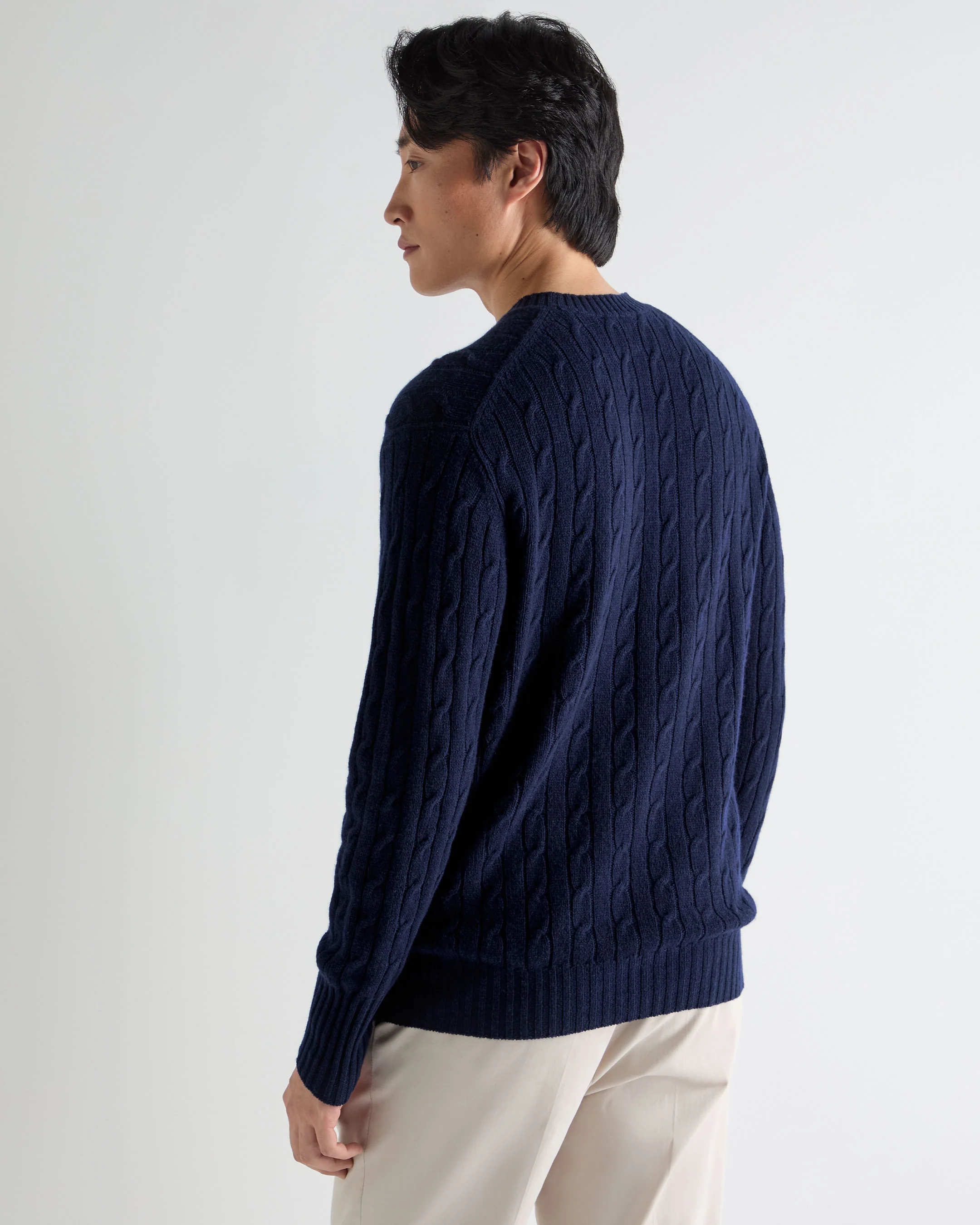Men's Thames Cable Round Neck Cashmere Jumper Deep French Blue - Image 4