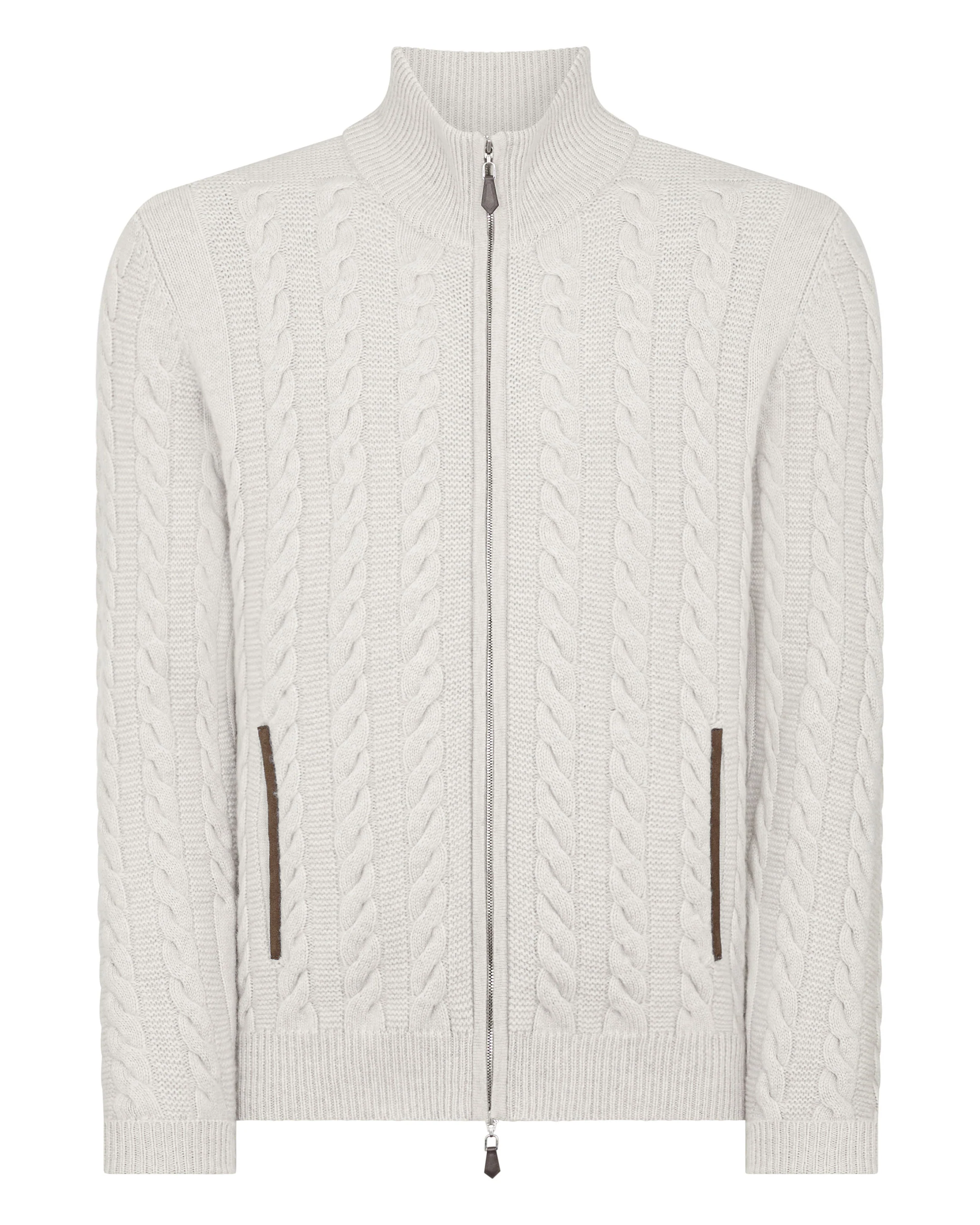 Men's Richmond Cable Cashmere Cardigan Pebble Grey - Image 2