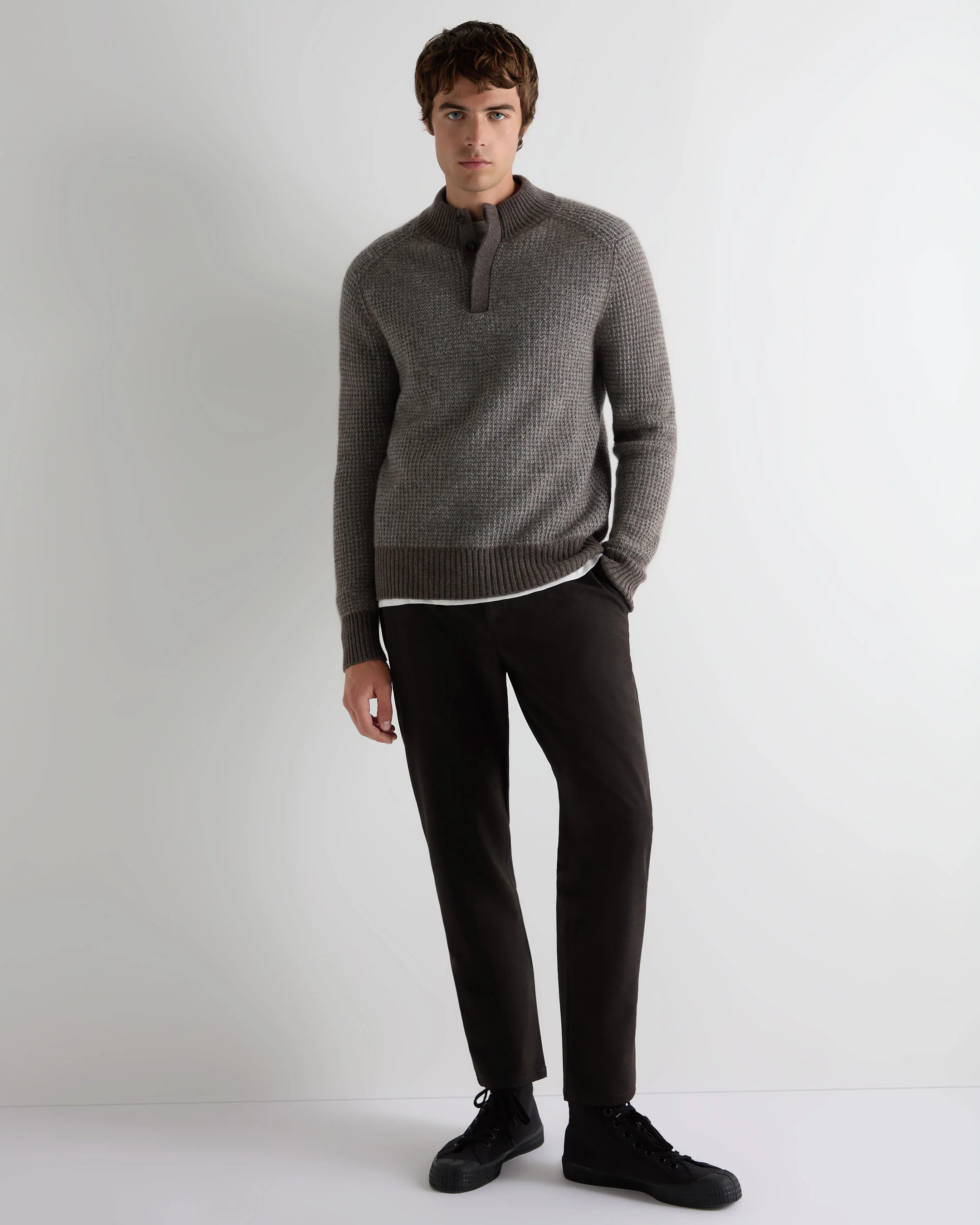 Men's Waffle Knit Half Button Cashmere Jumper Biscotti Brown - Image 3