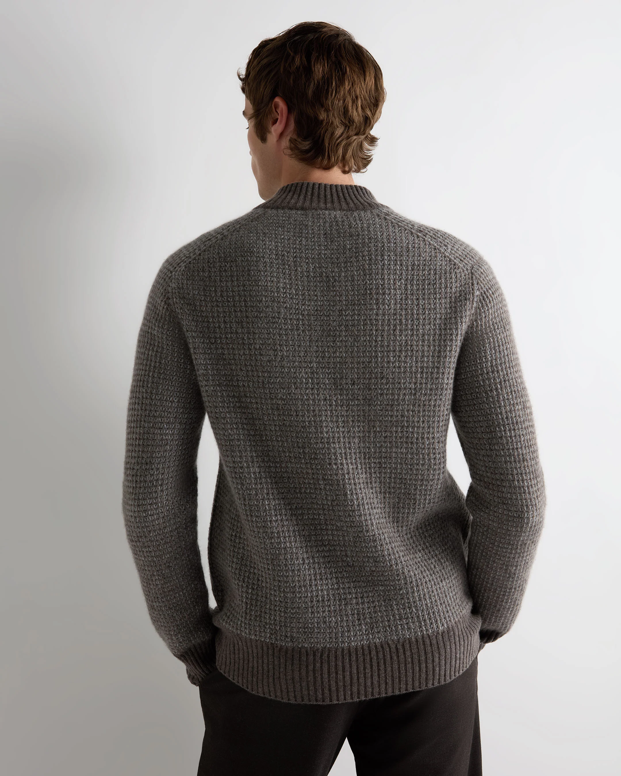 Men's Waffle Knit Half Button Cashmere Jumper Biscotti Brown - Image 4