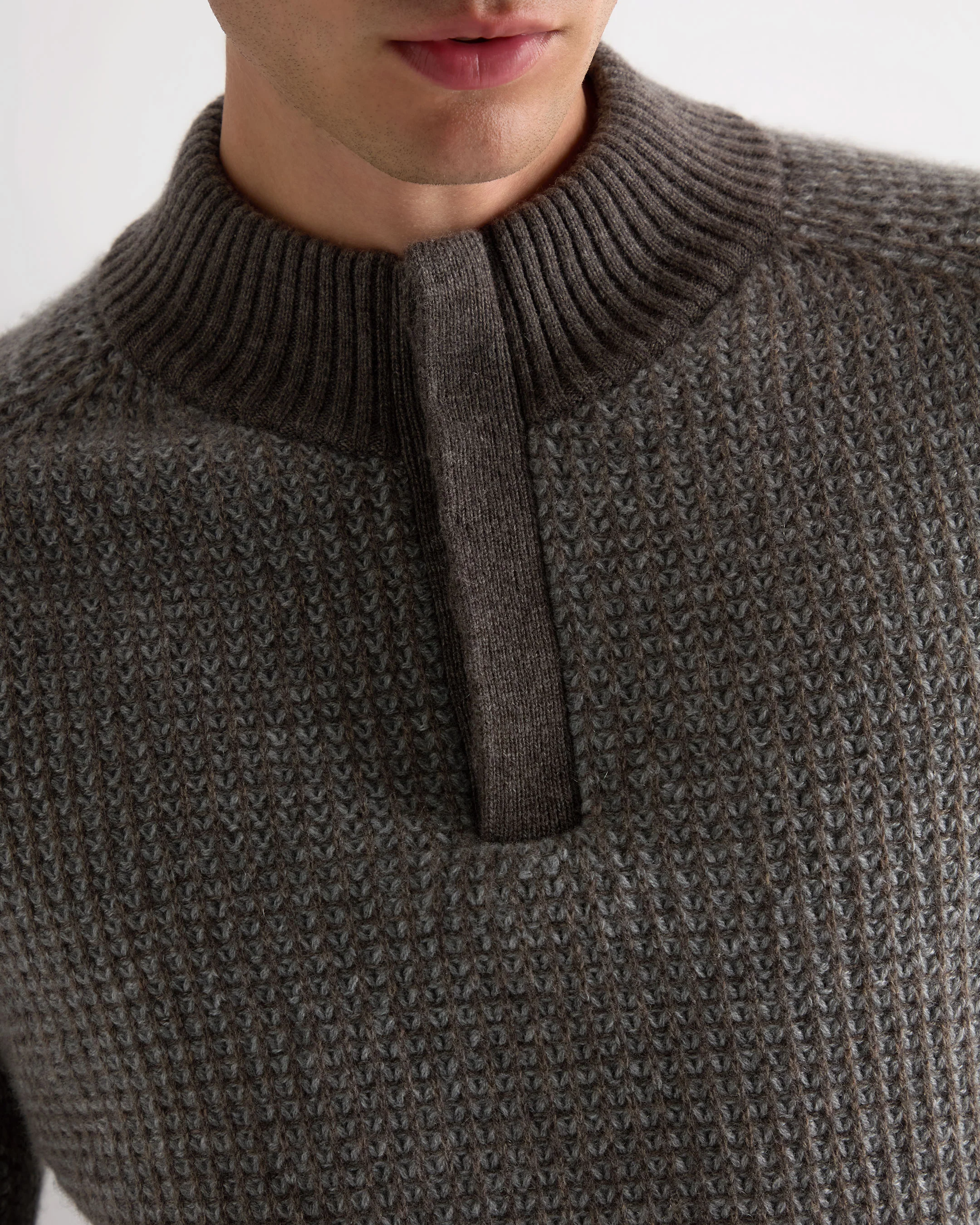 Men's Waffle Knit Half Button Cashmere Jumper Biscotti Brown - Image 5