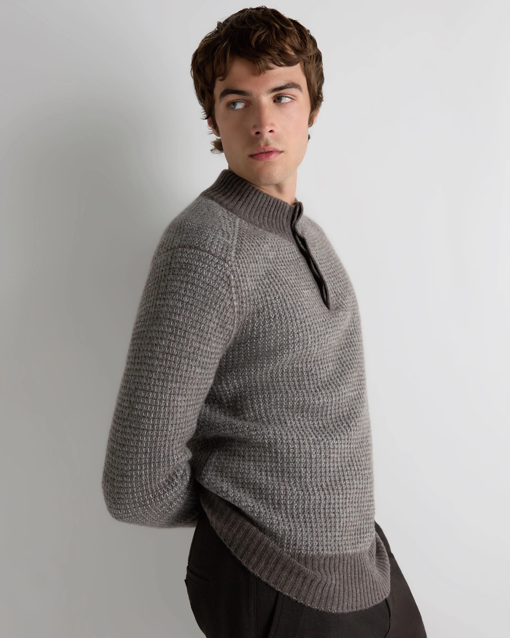 Men's Waffle Knit Half Button Cashmere Jumper Biscotti Brown - Image 6