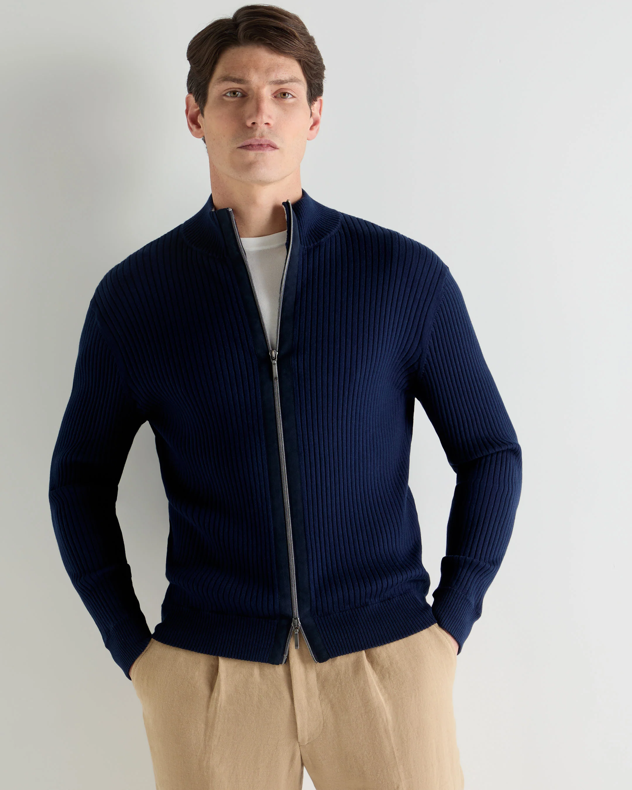 Men's Wide Rib Zip Through Cotton Blend Jumper Deep French Blue