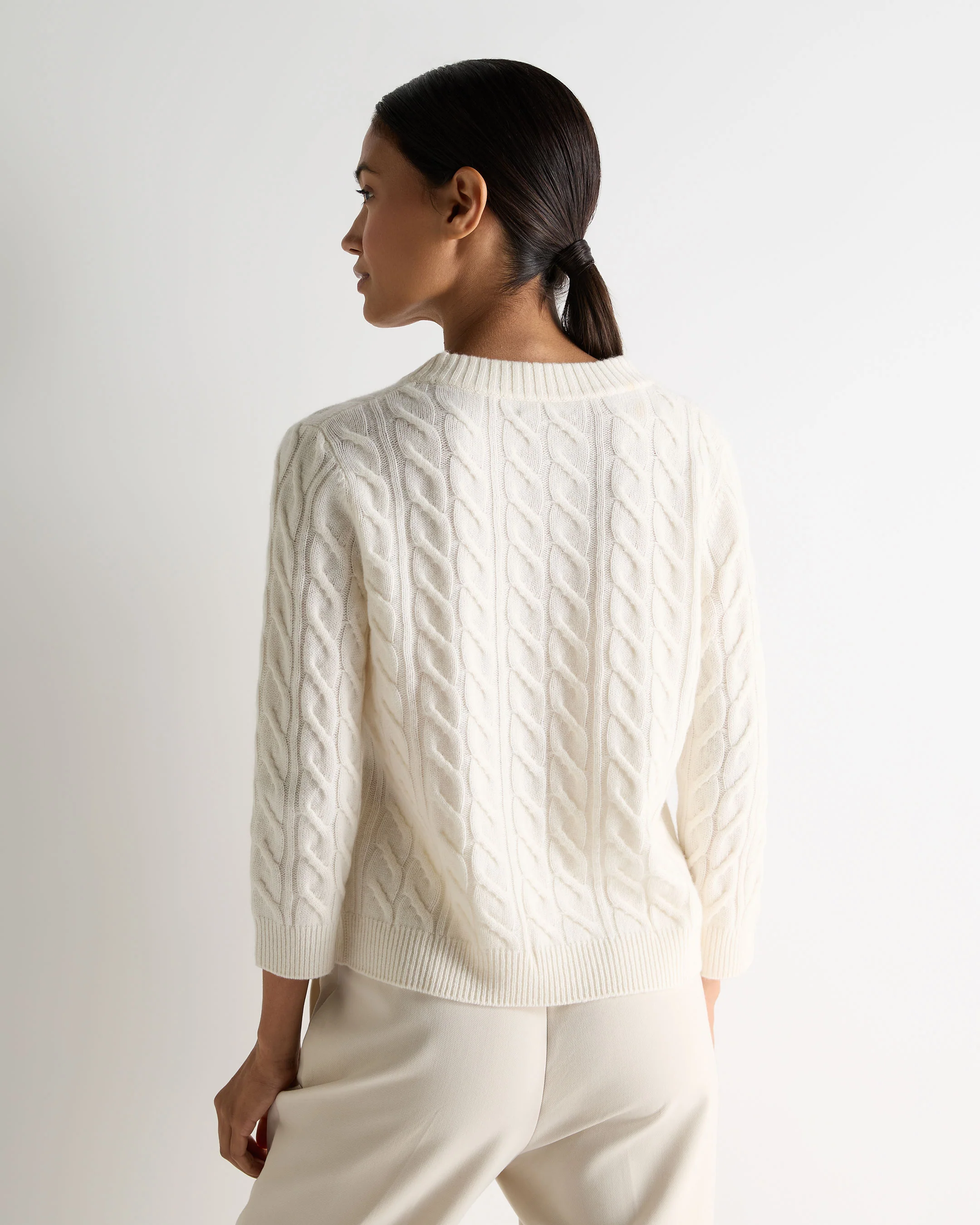 Women's Emilia Cable Round Neck Cashmere Jumper New Ivory White - Image 4