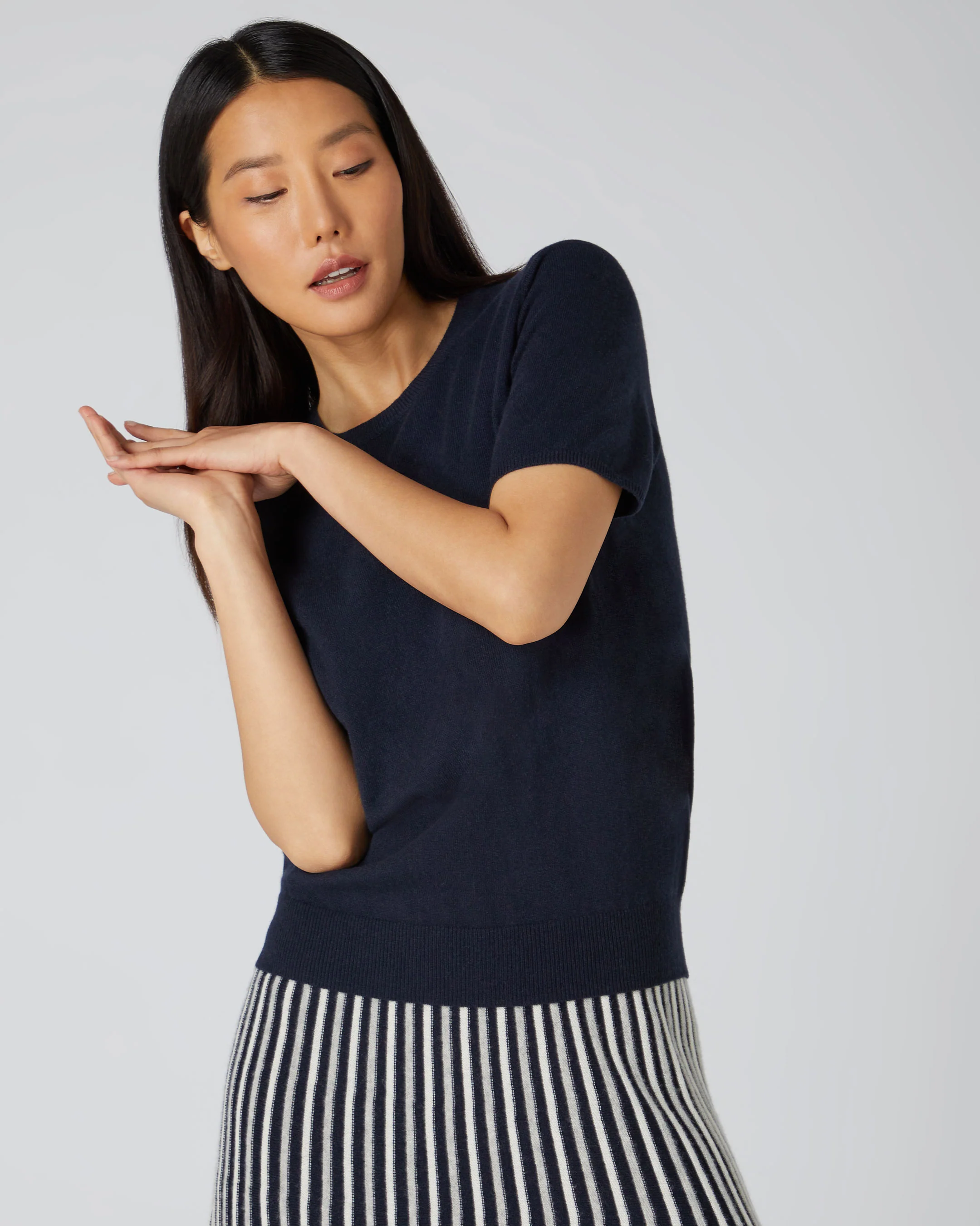 Women's Round Neck Cashmere T-Shirt Navy Blue