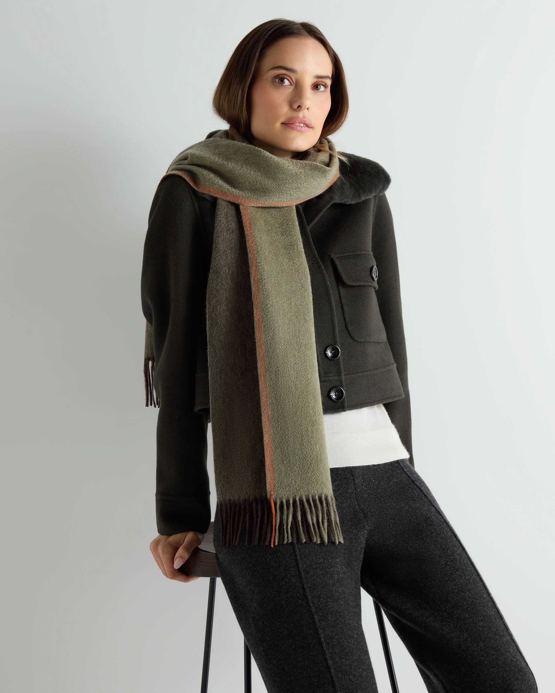 Unisex Cashmere Check Scarf Green - Image 2
