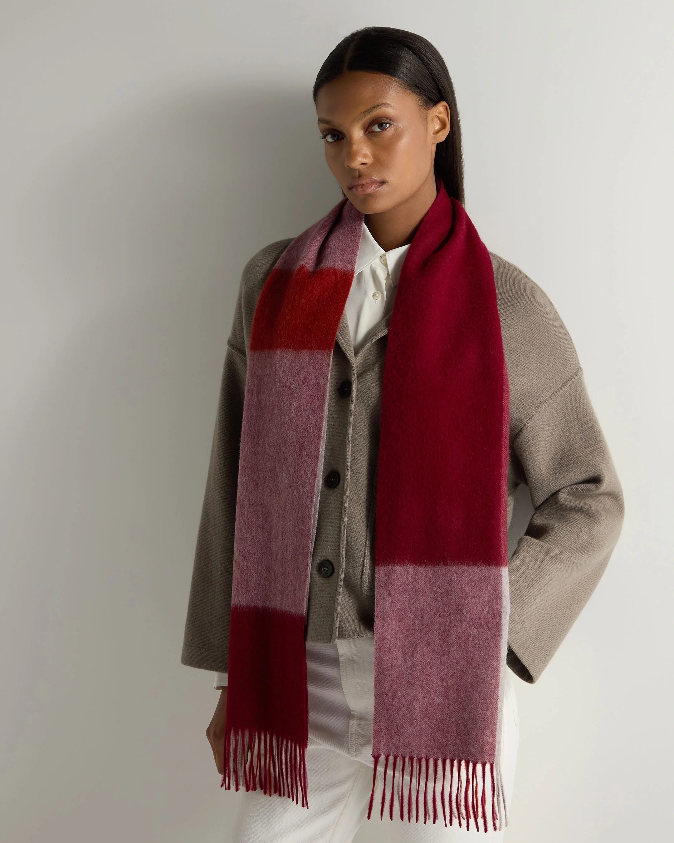 Unisex Cashmere Check Scarf Red + Grey - Image 3