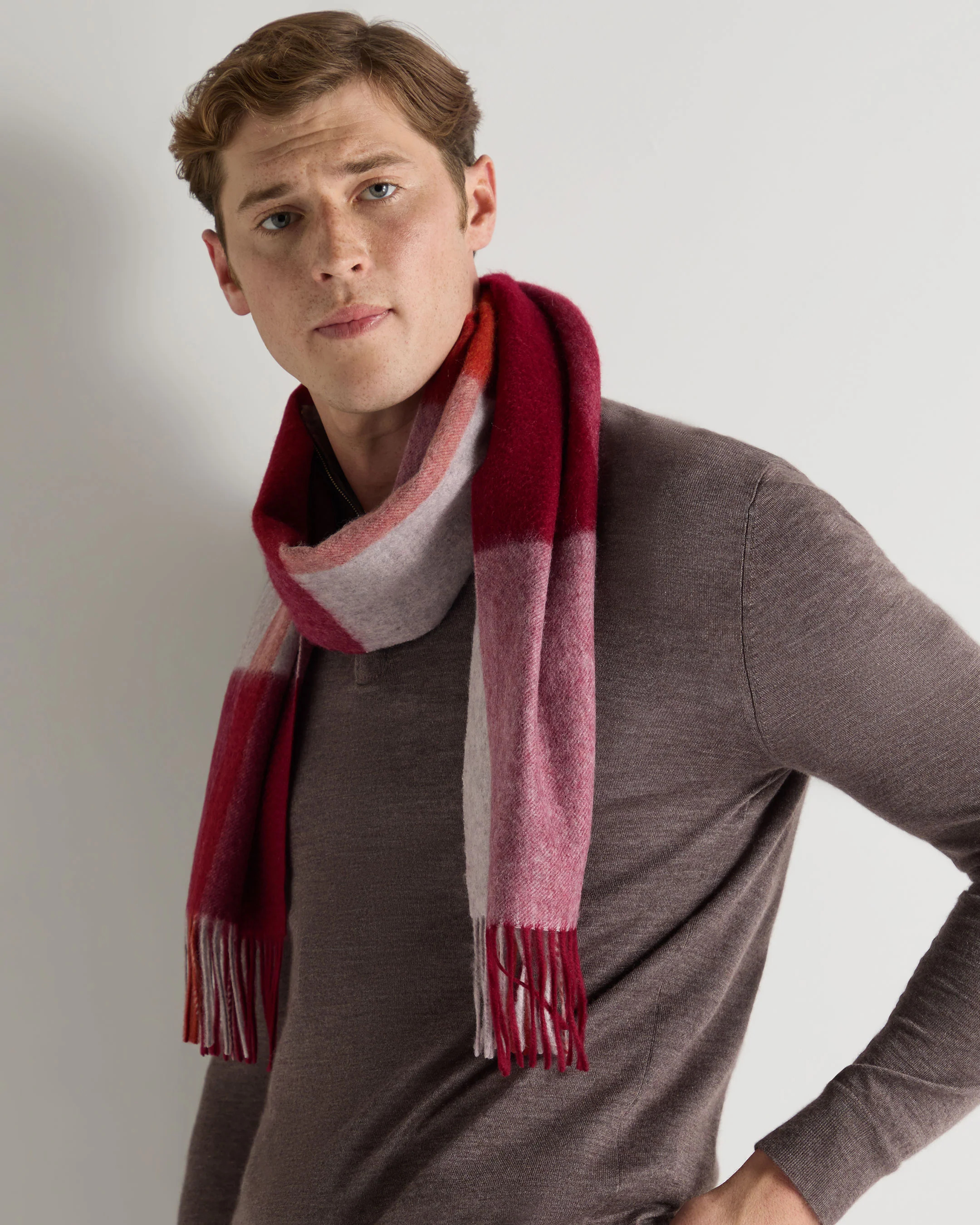 Unisex Cashmere Check Scarf Red + Grey - Image 7