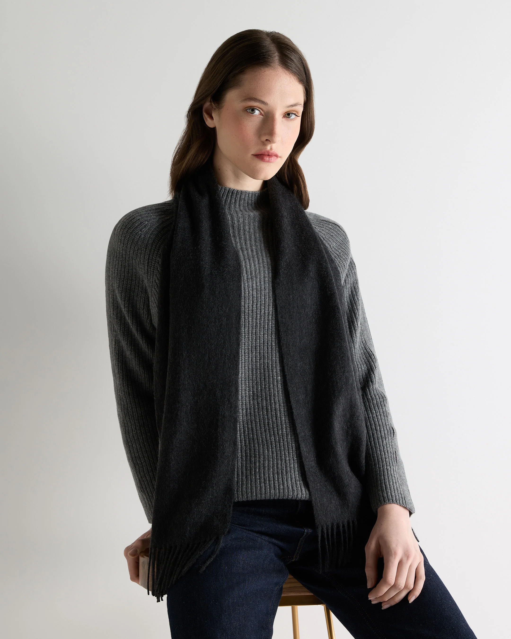 Unisex Woven Cashmere Scarf Deep Charcoal Grey - Image 4