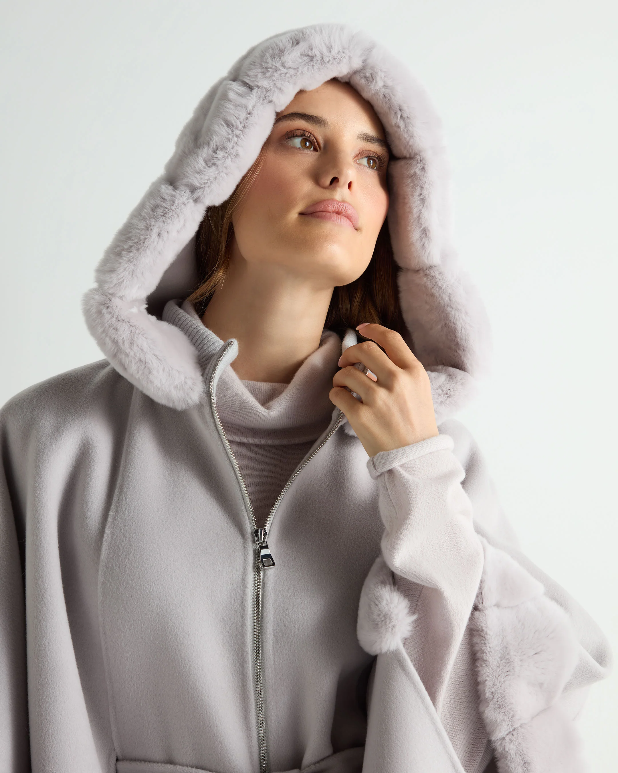 Women's Poppy Cape With Fur Trim Snow Grey - Image 5