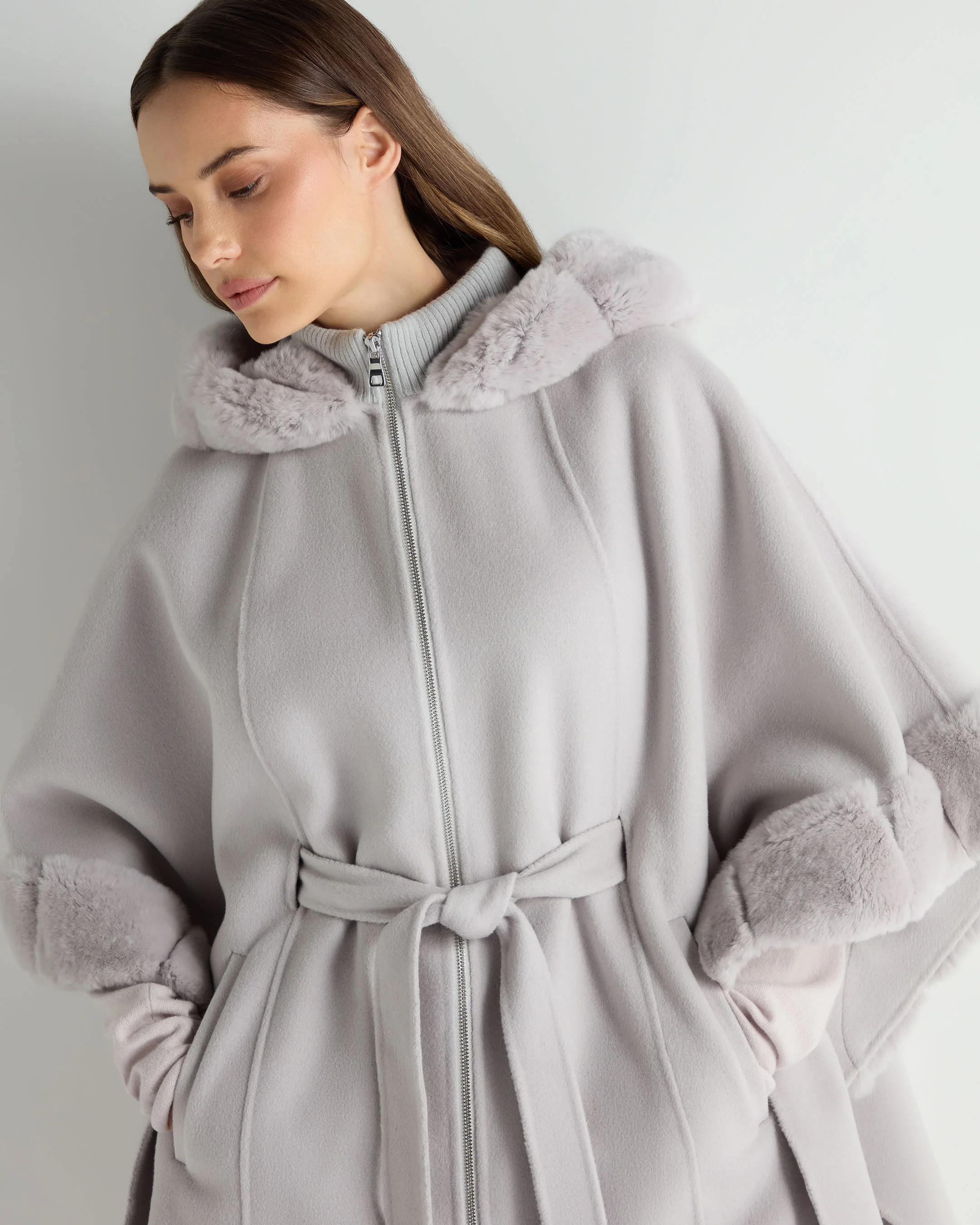 Women's Poppy Cape With Fur Trim Snow Grey - Image 6
