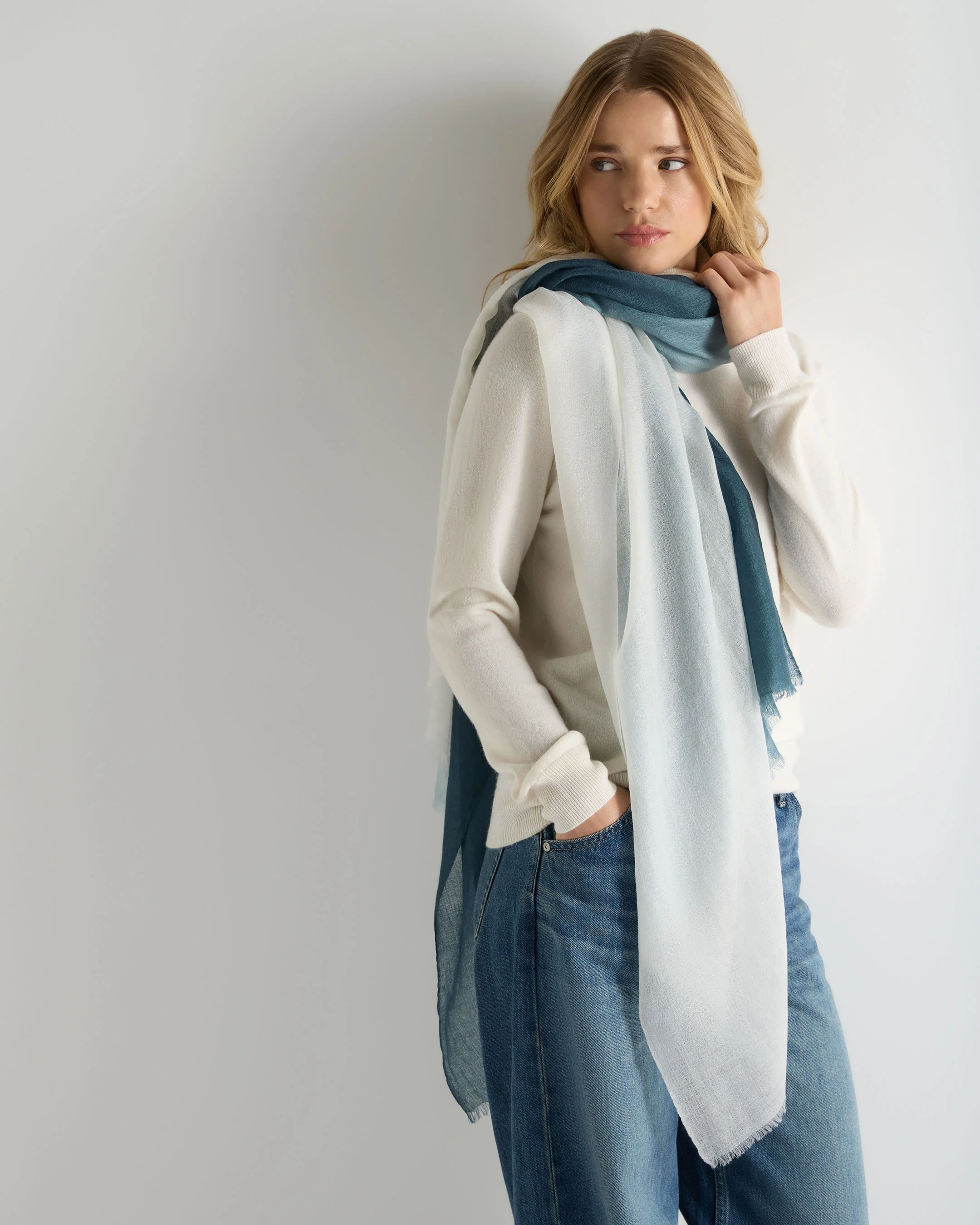 Women's Dip Dye Cashmere Scarf Dark Blue - Image 3