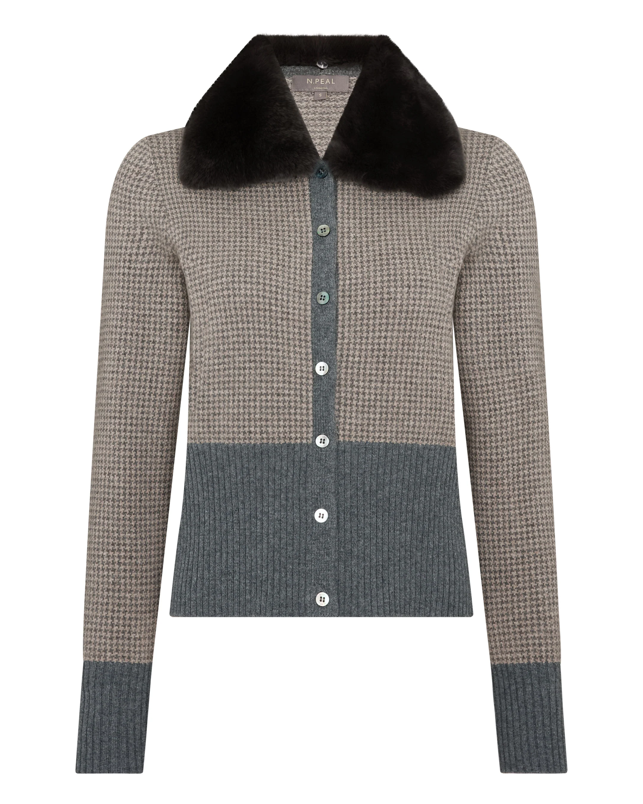 Women's Dogtooth Cashmere Cardigan With Fur Elephant Grey - Image 2