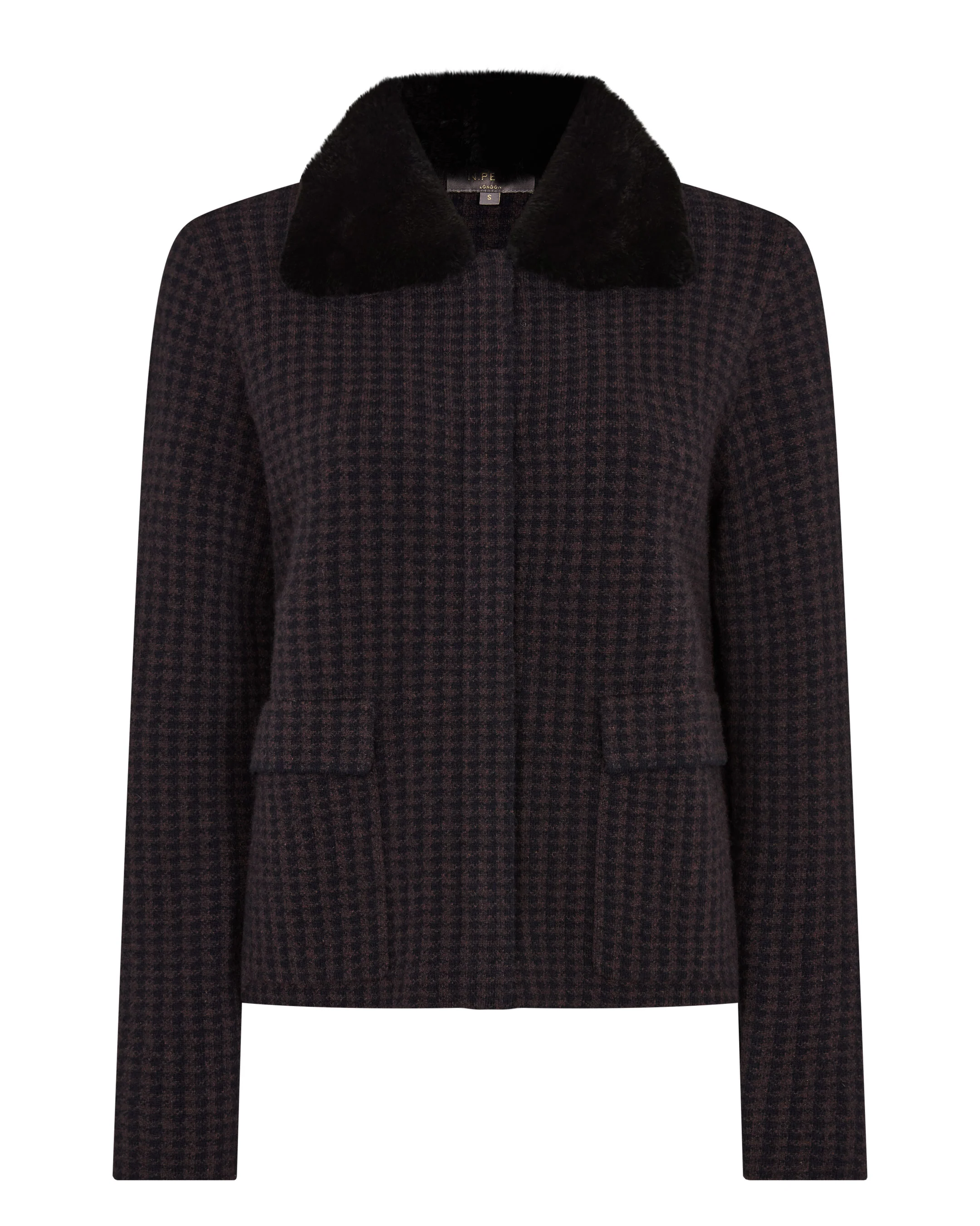 Women's Dogtooth Fur Trim Cashmere Jacket Navy Blue - Image 2