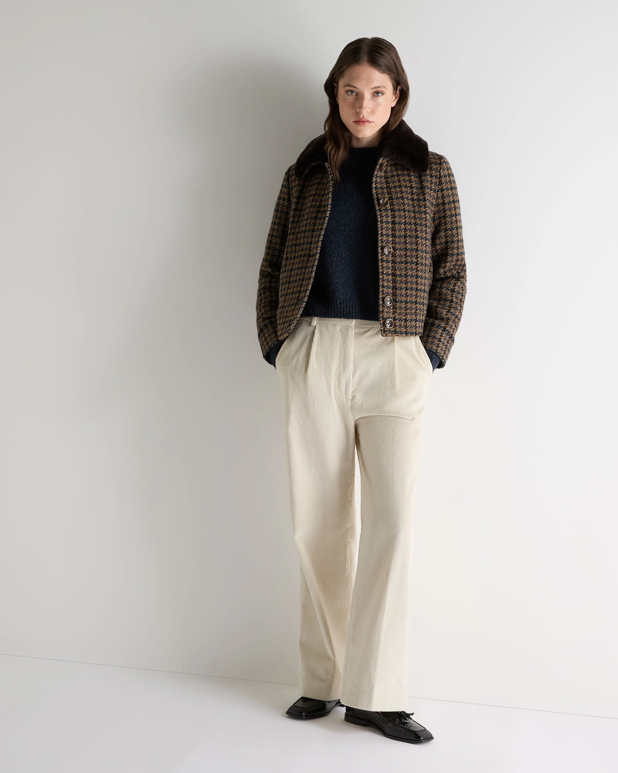 Women's Dogtooth Fur Trim Jacket Brown - Image 3