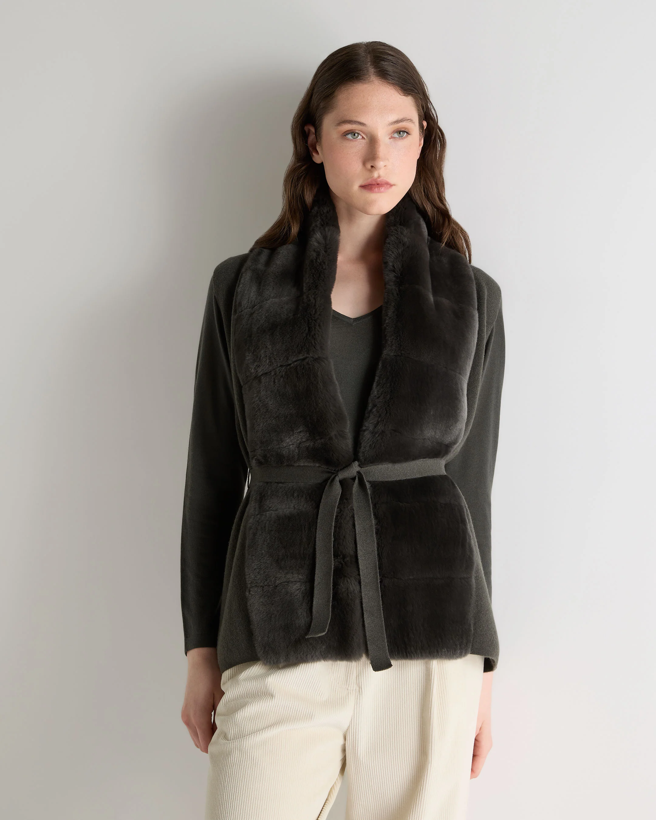Women's Lola Fur Placket Cashmere Gilet Arabica Khaki Green