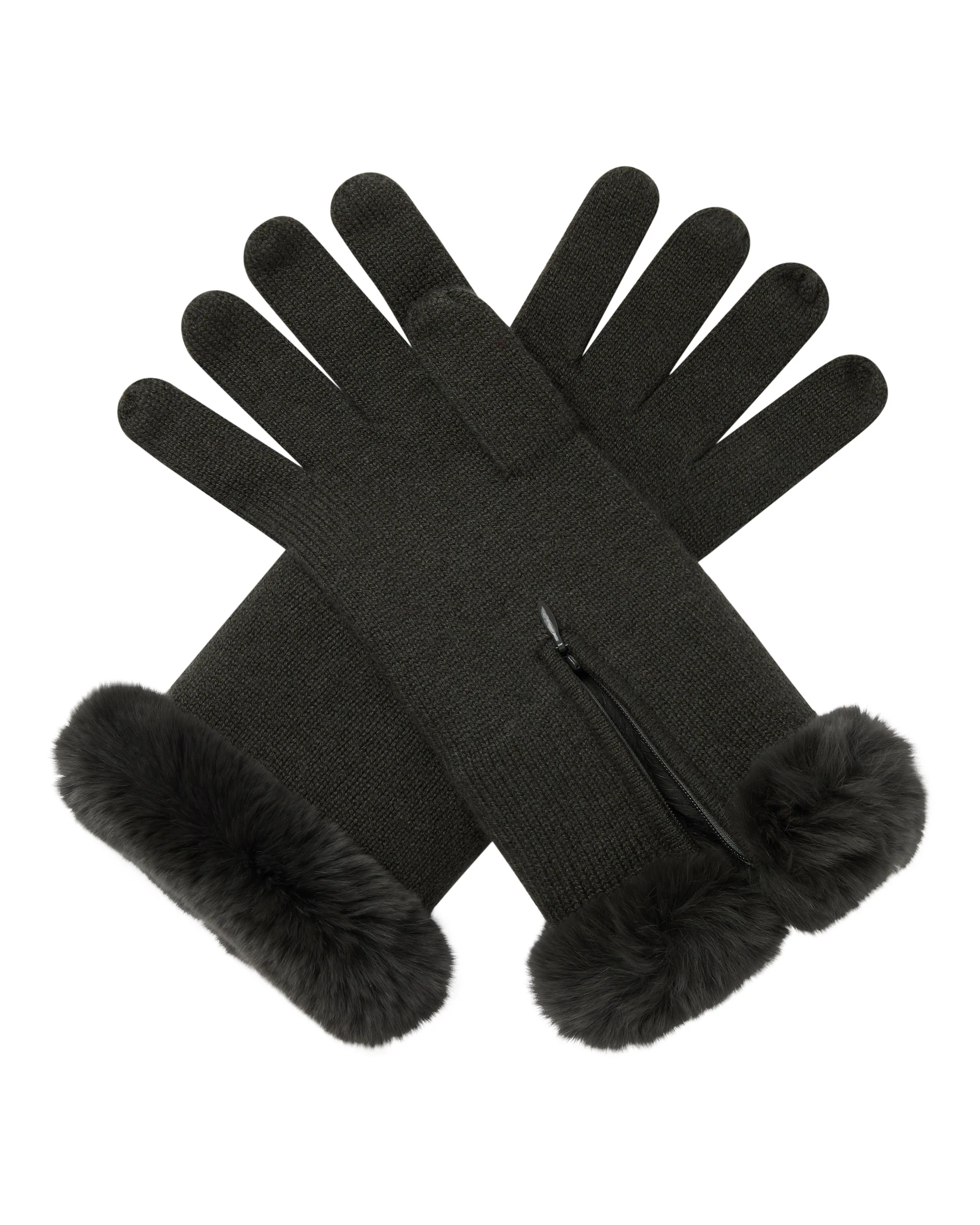 Women's Fur Trim Cashmere Gloves Arabica Khaki Green