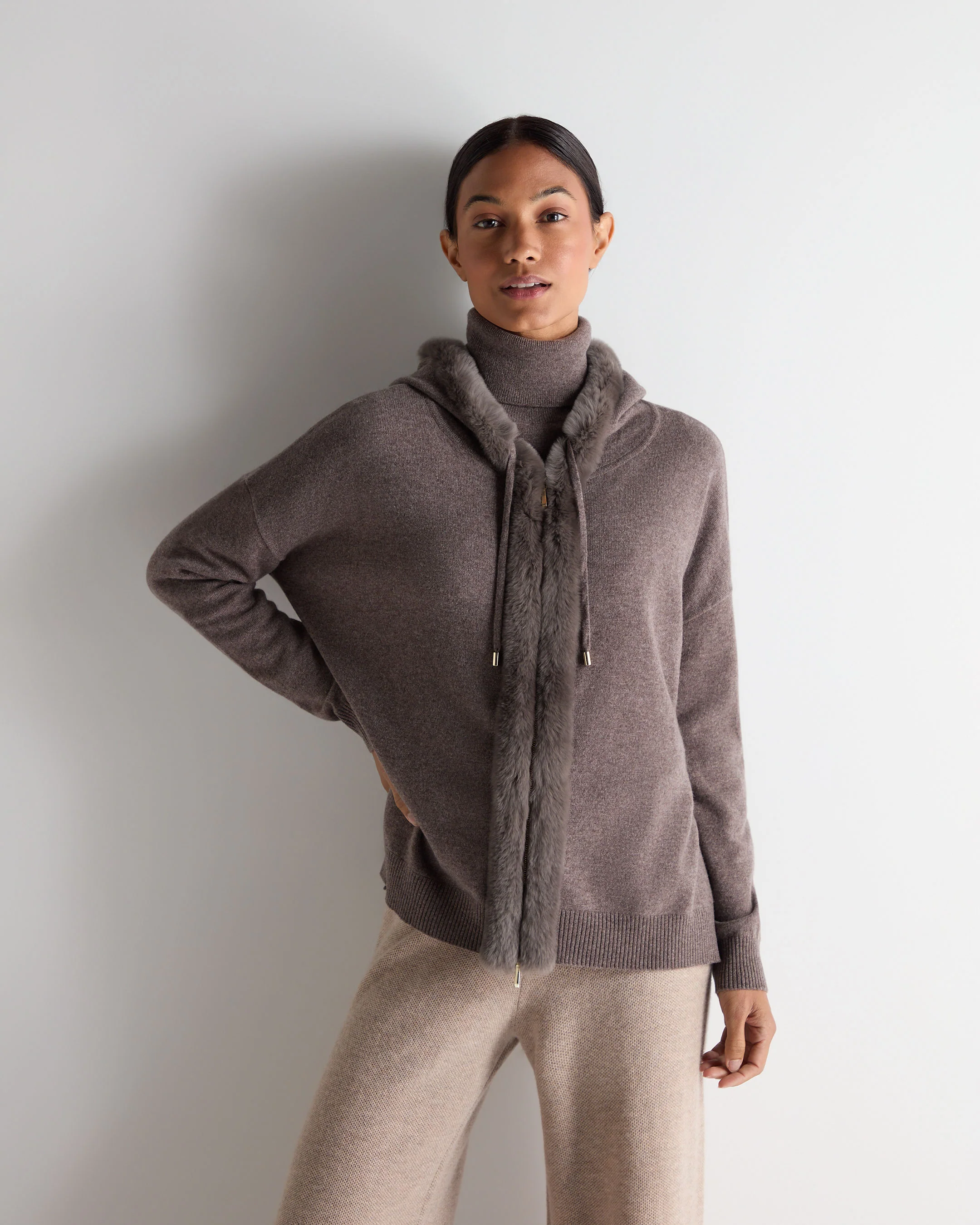 Women's Alicia Fur Trim Cashmere Hoodie Otter Brown