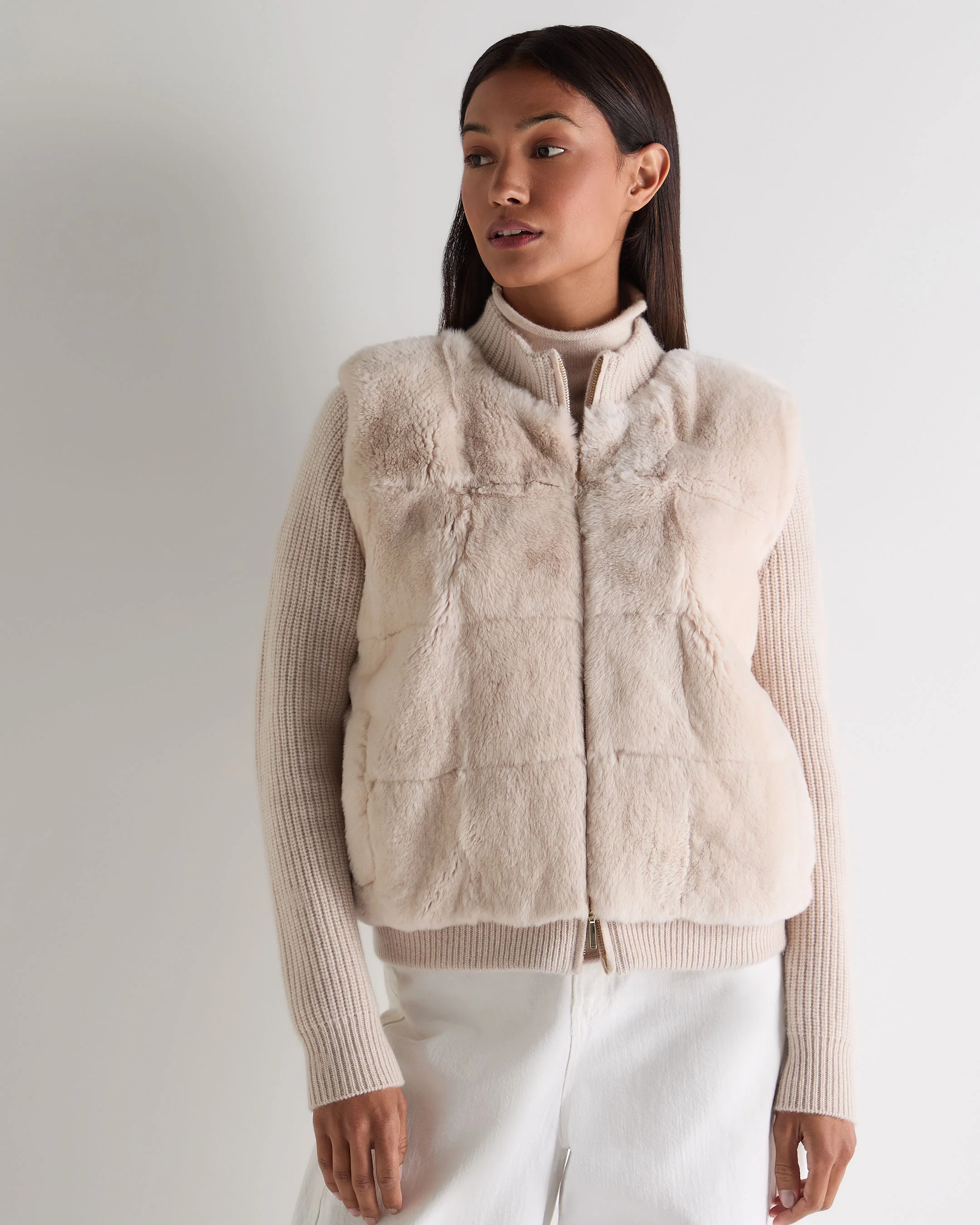 Women's Fur Trim Rib Cashmere Cardigan Ecru White