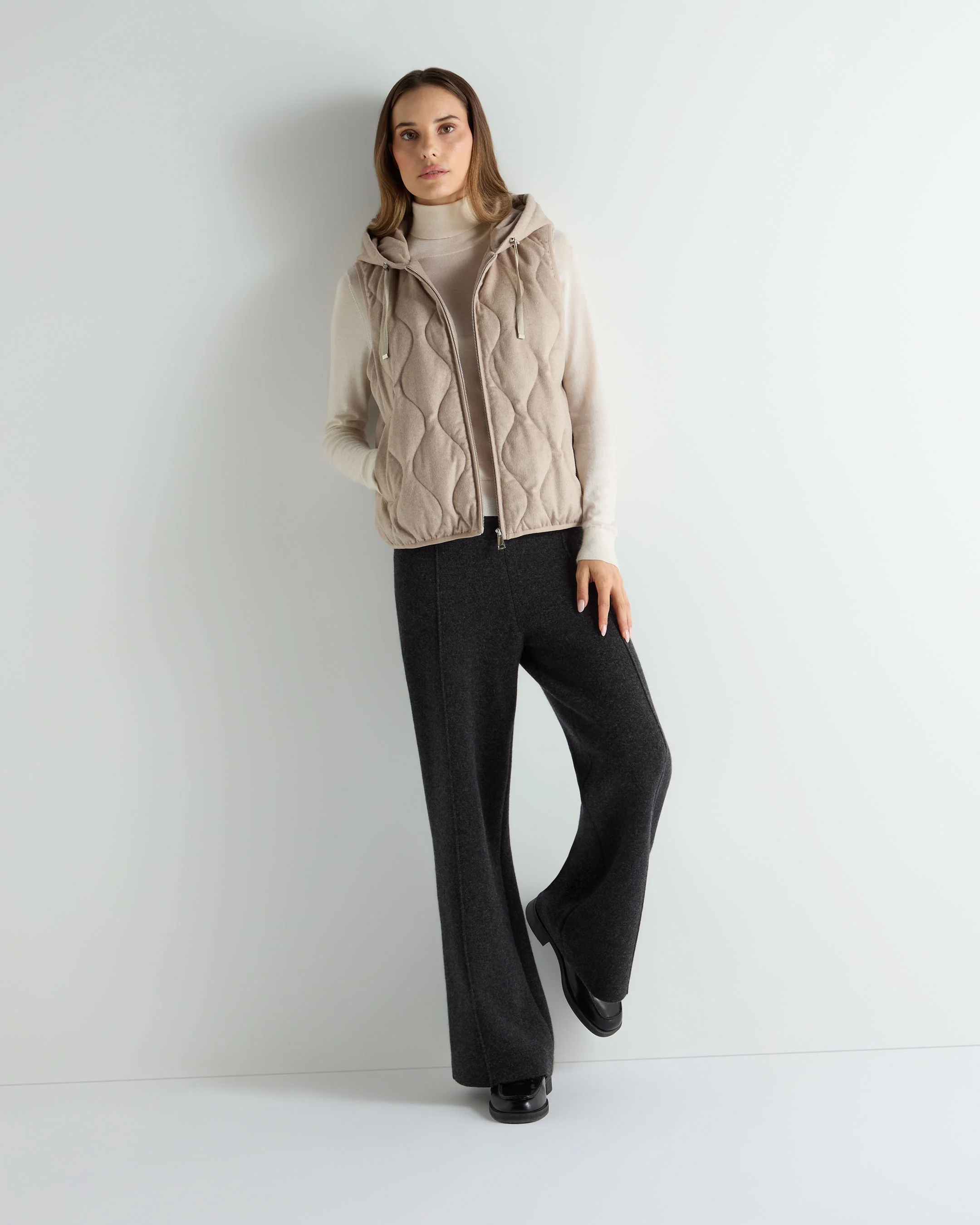 Women's Padded Gilet With Hood Beige Brown - Image 3