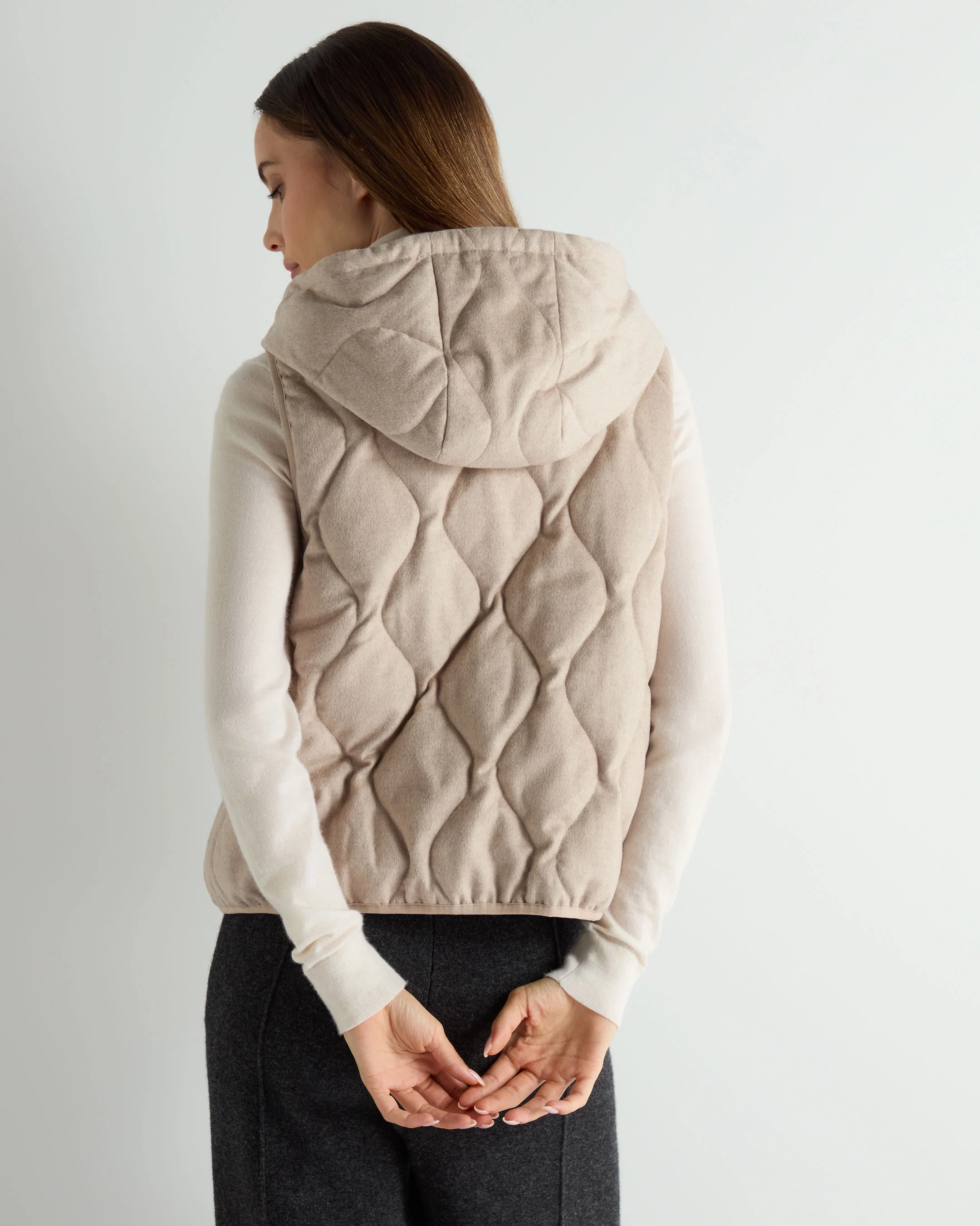 Women's Padded Gilet With Hood Beige Brown - Image 4