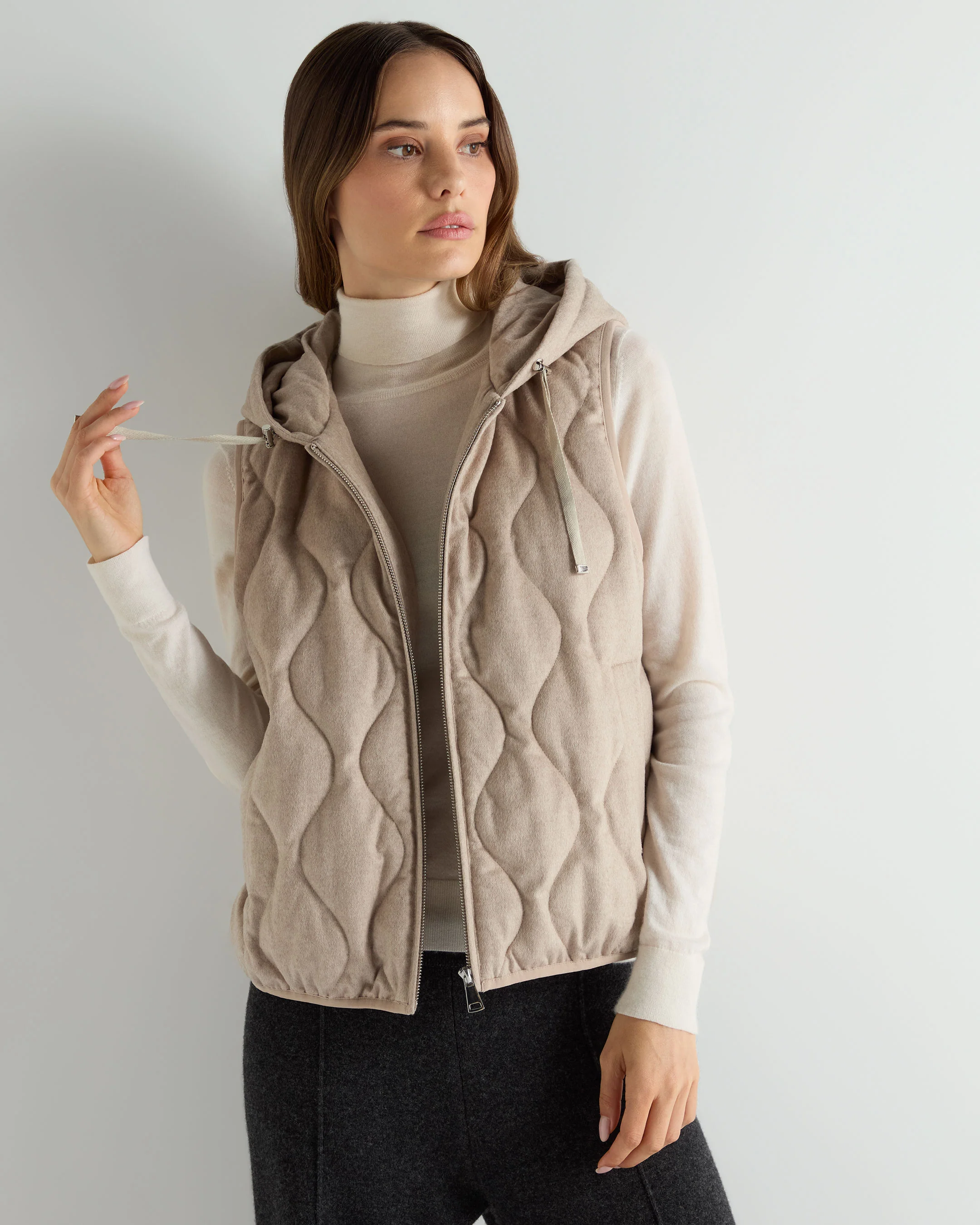 Women's Padded Gilet With Hood Beige Brown - Image 6