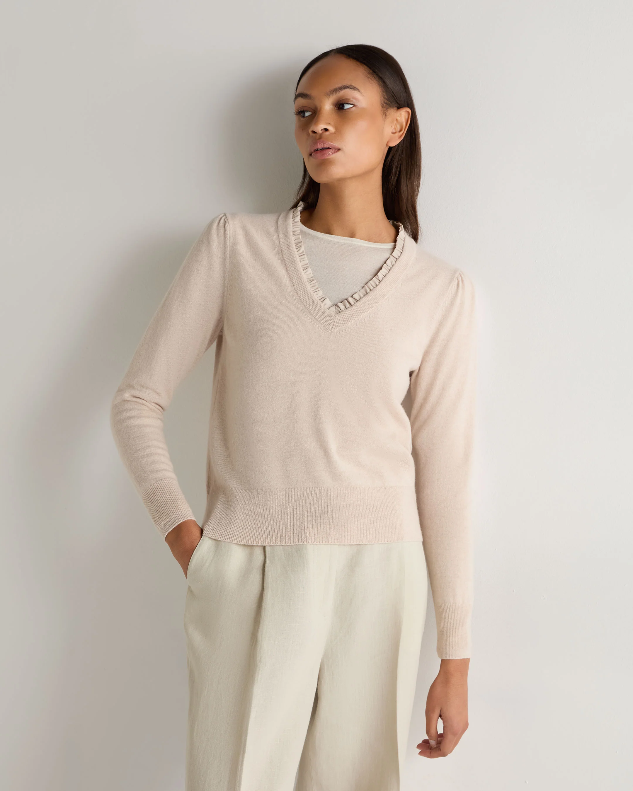 Women's Ruffle Trim V Neck Cashmere Jumper Ecru White