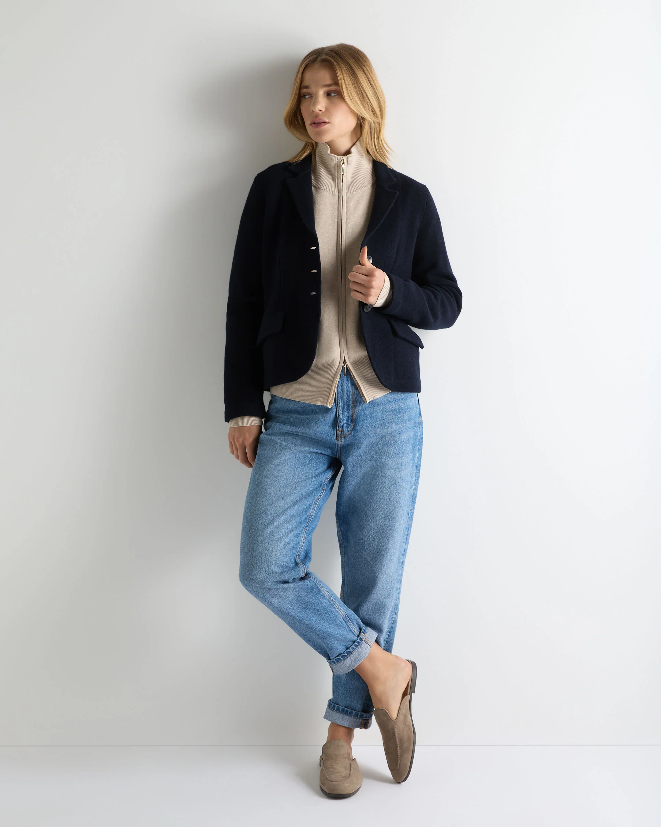 Women's Wool Cashmere Utility Blazer Navy Blue - Image 3